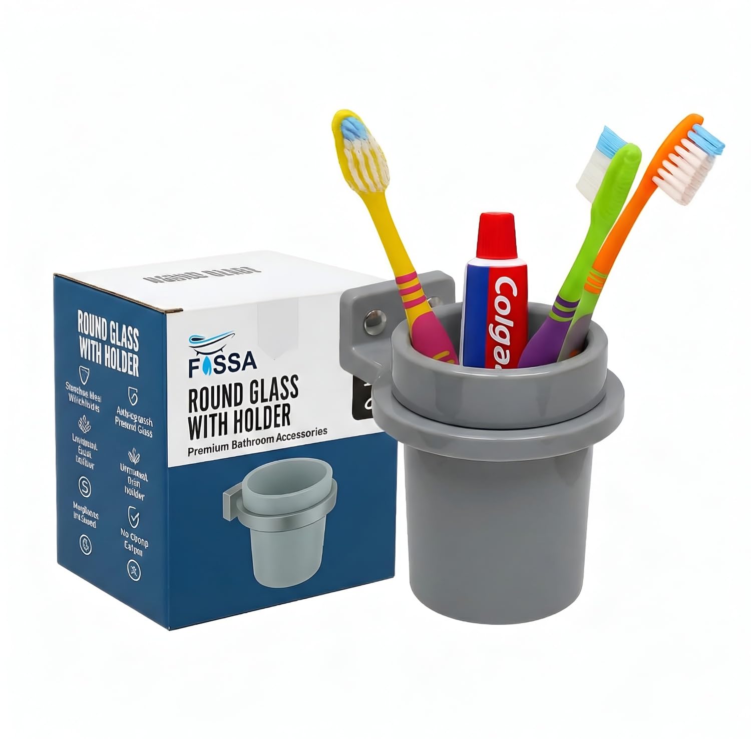 Grey Brush Holder Unbreakable Abs Round Ceramic Finish (RG-123)