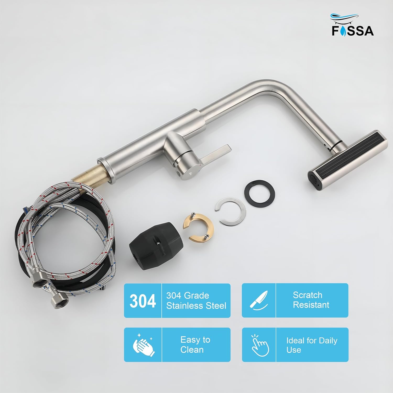 Rainfall Pull Out Four-Flow 360° Hot & Cold Stainless Steel Kitchen Mixer Faucet Silver - Fossa Home 
