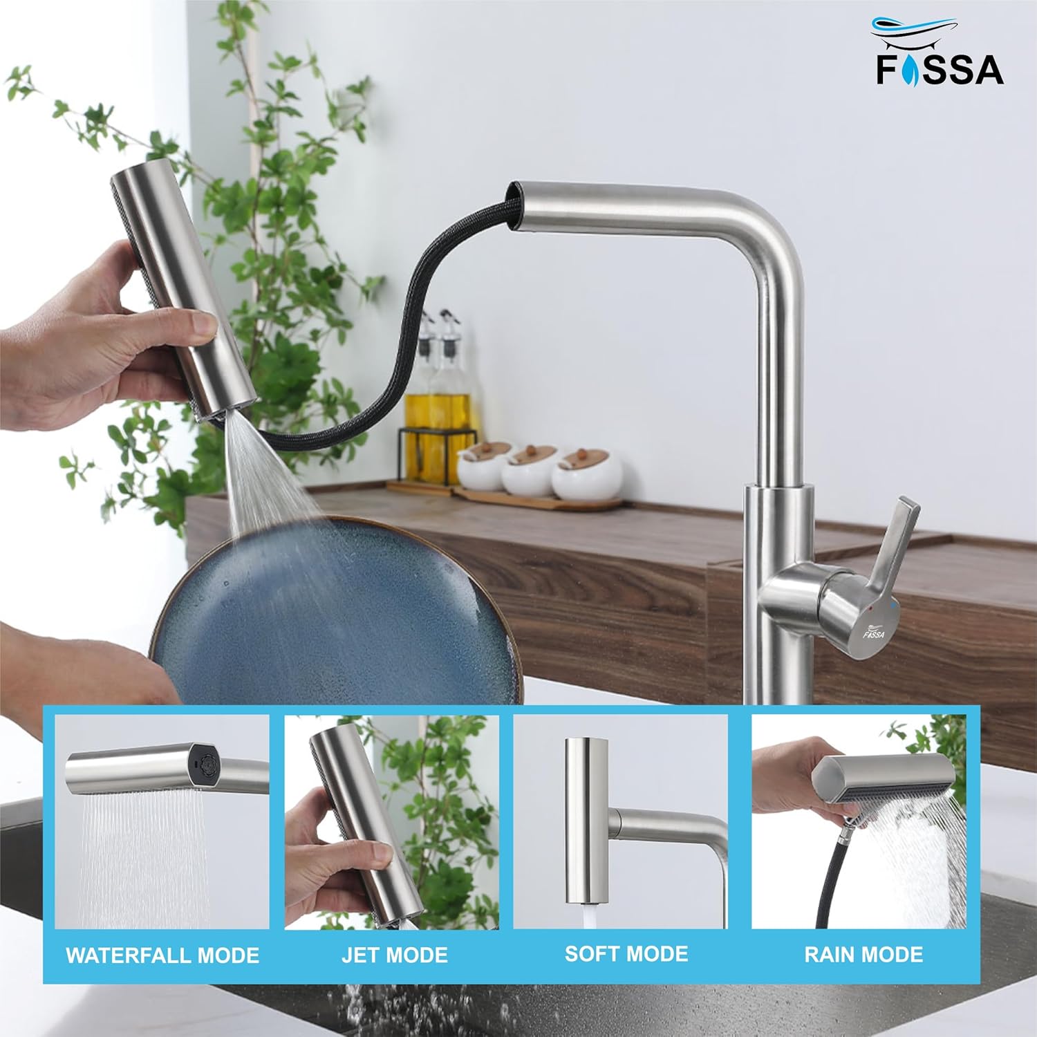 Rainfall Pull Out Four-Flow 360° Hot & Cold Stainless Steel Kitchen Mixer Faucet Silver - Fossa Home 