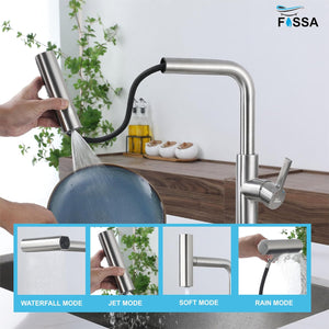 Rainfall Pull Out Four-Flow 360° Hot & Cold Stainless Steel Kitchen Mixer Faucet Silver - Fossa Home 