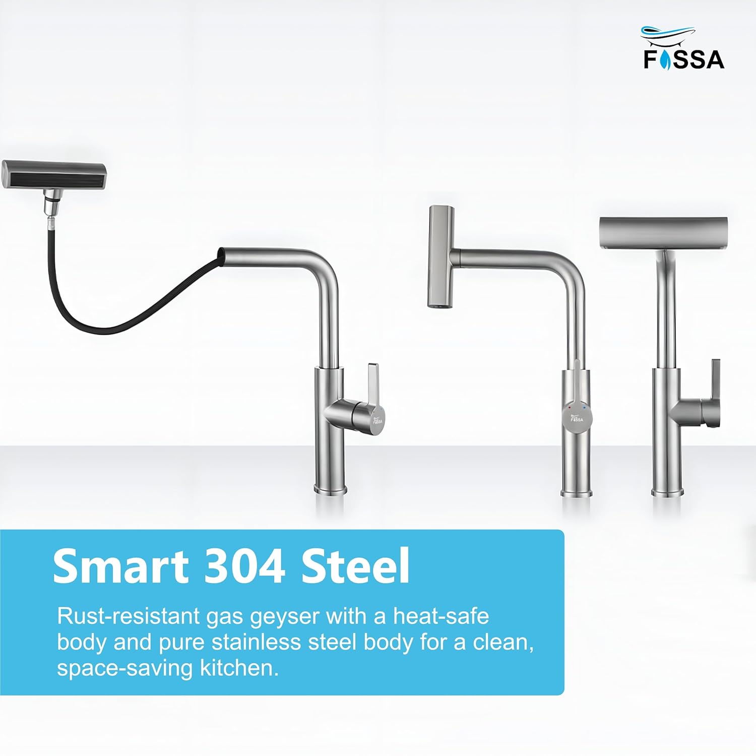 Rainfall Pull Out Four-Flow 360° Hot & Cold Stainless Steel Kitchen Mixer Faucet Silver - Fossa Home 