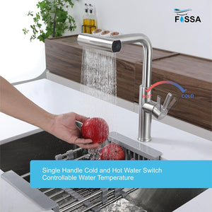 Rainfall Pull Out Four-Flow 360° Hot & Cold Stainless Steel Kitchen Mixer Faucet Silver - Fossa Home 