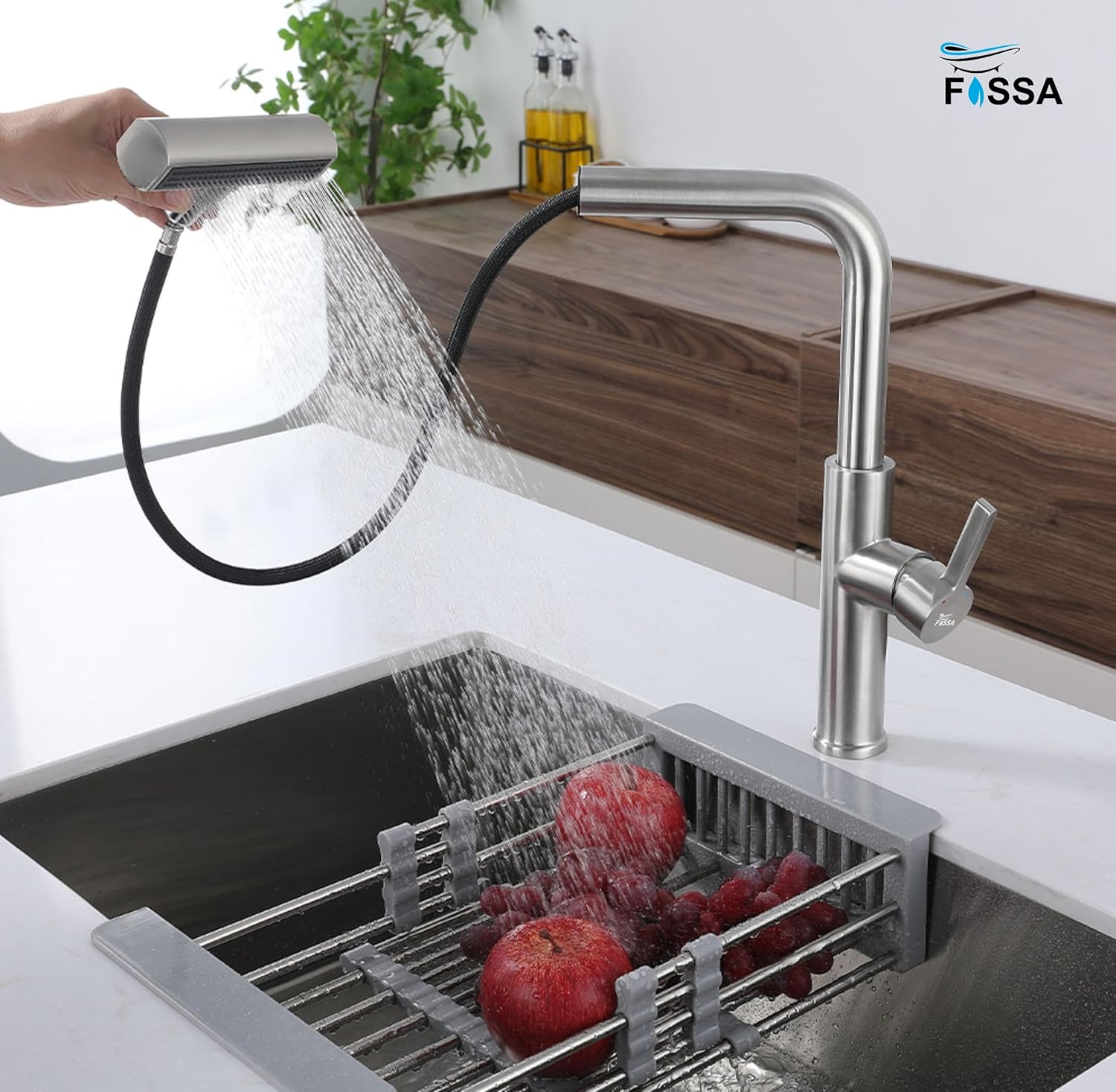Rainfall Pull Out Four-Flow 360° Hot & Cold Stainless Steel Kitchen Mixer Faucet Silver - Fossa Home 
