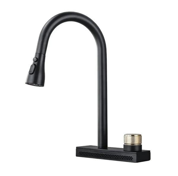 Rainfall Pull Out Four-Flow 360° Hot & Cold Stainless Steel Kitchen Mixer Faucet Black - Fossa Home 