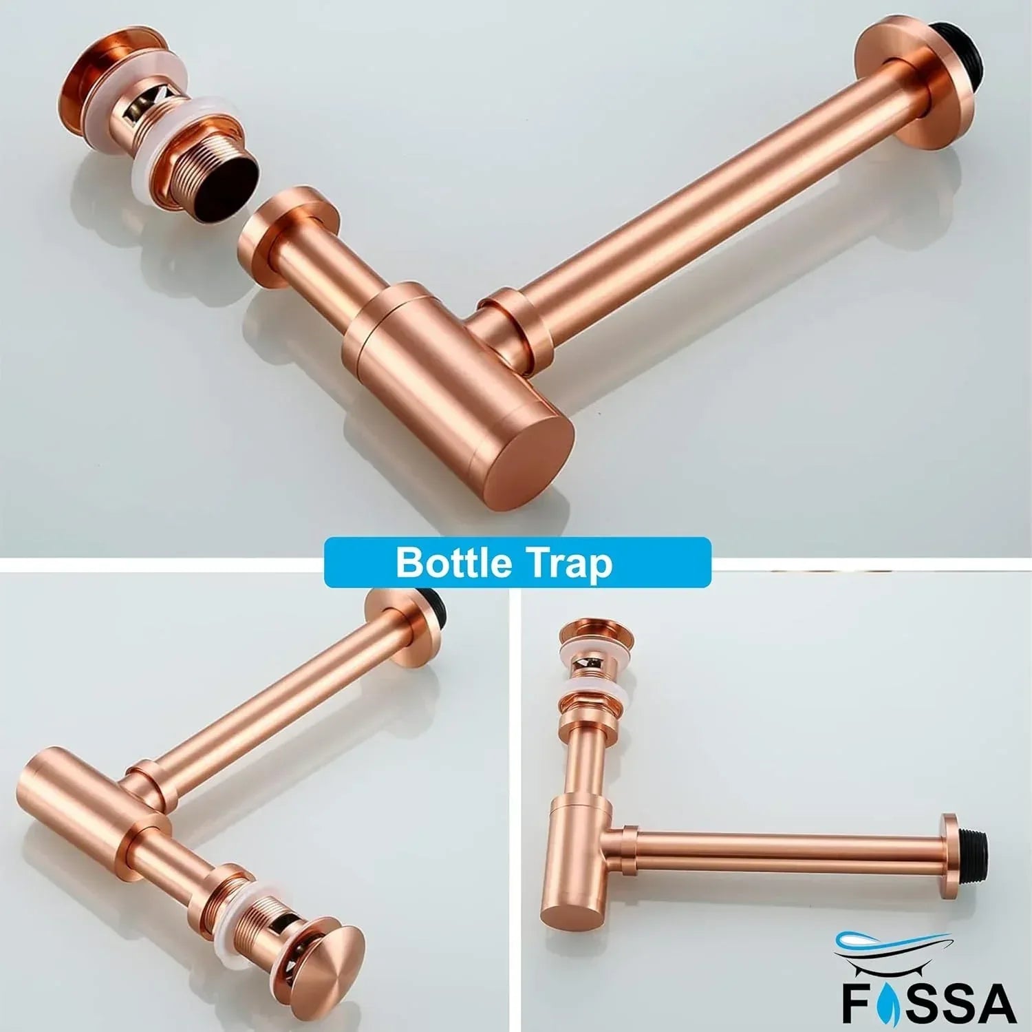 12 inch Stainless Steel Rose Gold Bottle Trap with Flange - Fossa Home 