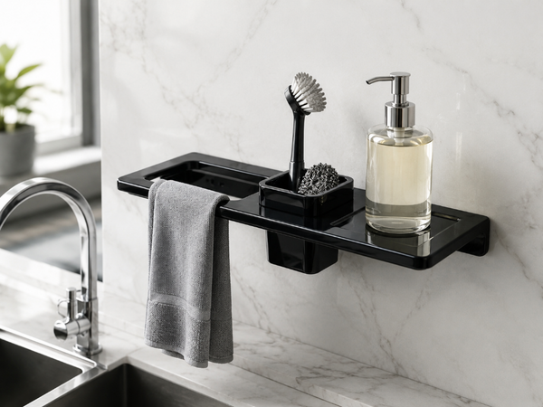 Black wall-mounted shelf with a towel, brush, and soap dispenser in a kitchen setting.