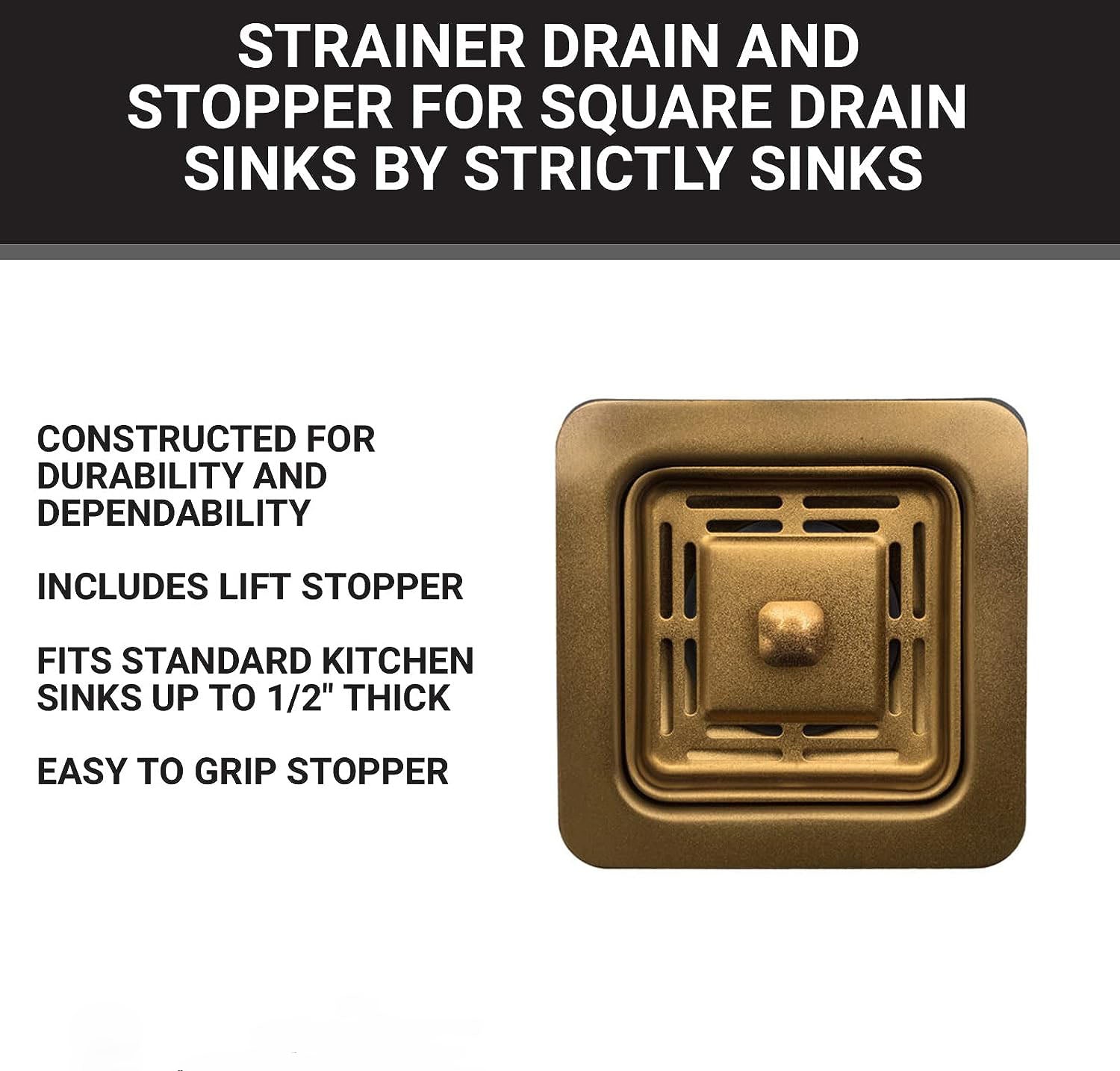 Sinks Stainless Steel Sink Strainer for Kitchen Sink - Stain Resistant Kitchen Sink Strainer with Large Collection Basket,Sink Drain Strainer for All Square Drain Sinks (Gold) Fossa Home