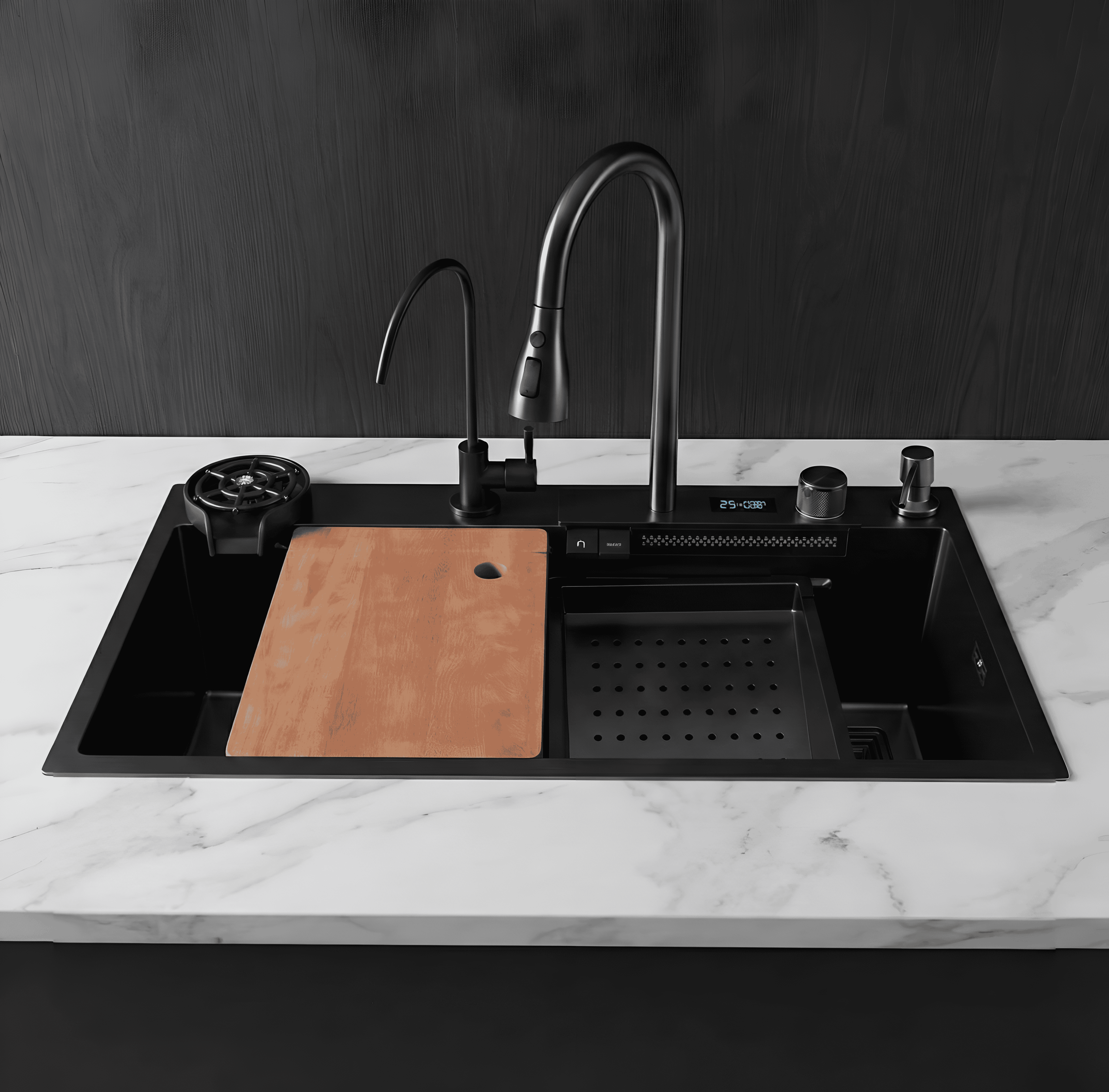 Smart kitchen sink with integrated accessories for modern kitchens