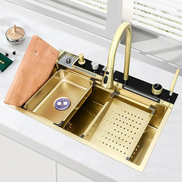 Smart Piano Waterfall (30"x18"x09") Inch Premium 5 keys Stainless Steel Kitchen Sink Gold - Fossa Home 