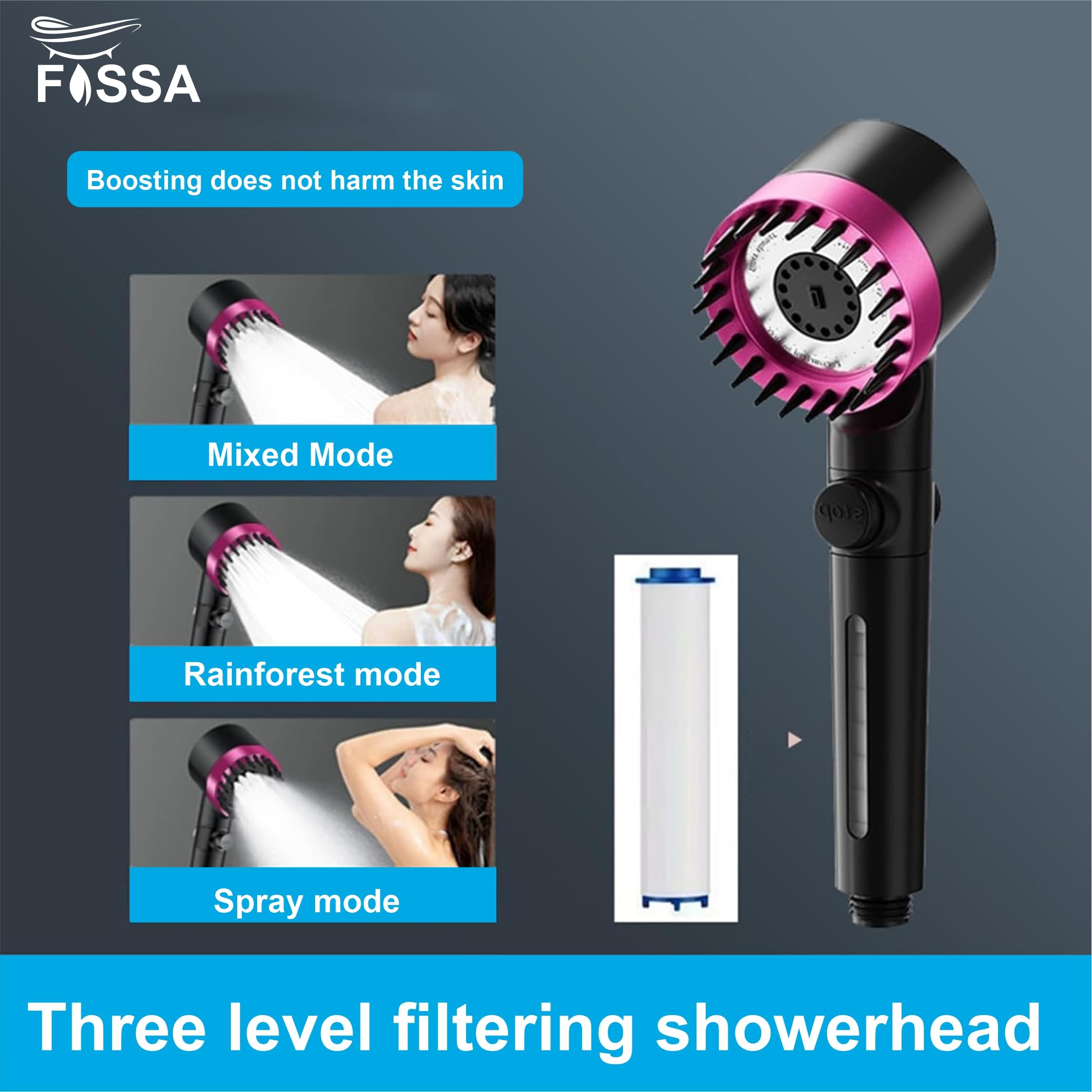 Fossa Snow Shower Head with Filter, High Pressure Shower Head Water Saving, Massage Hand Shower with 3+1 Jet Types, Rain Shower Head with Stop Function (Pink)