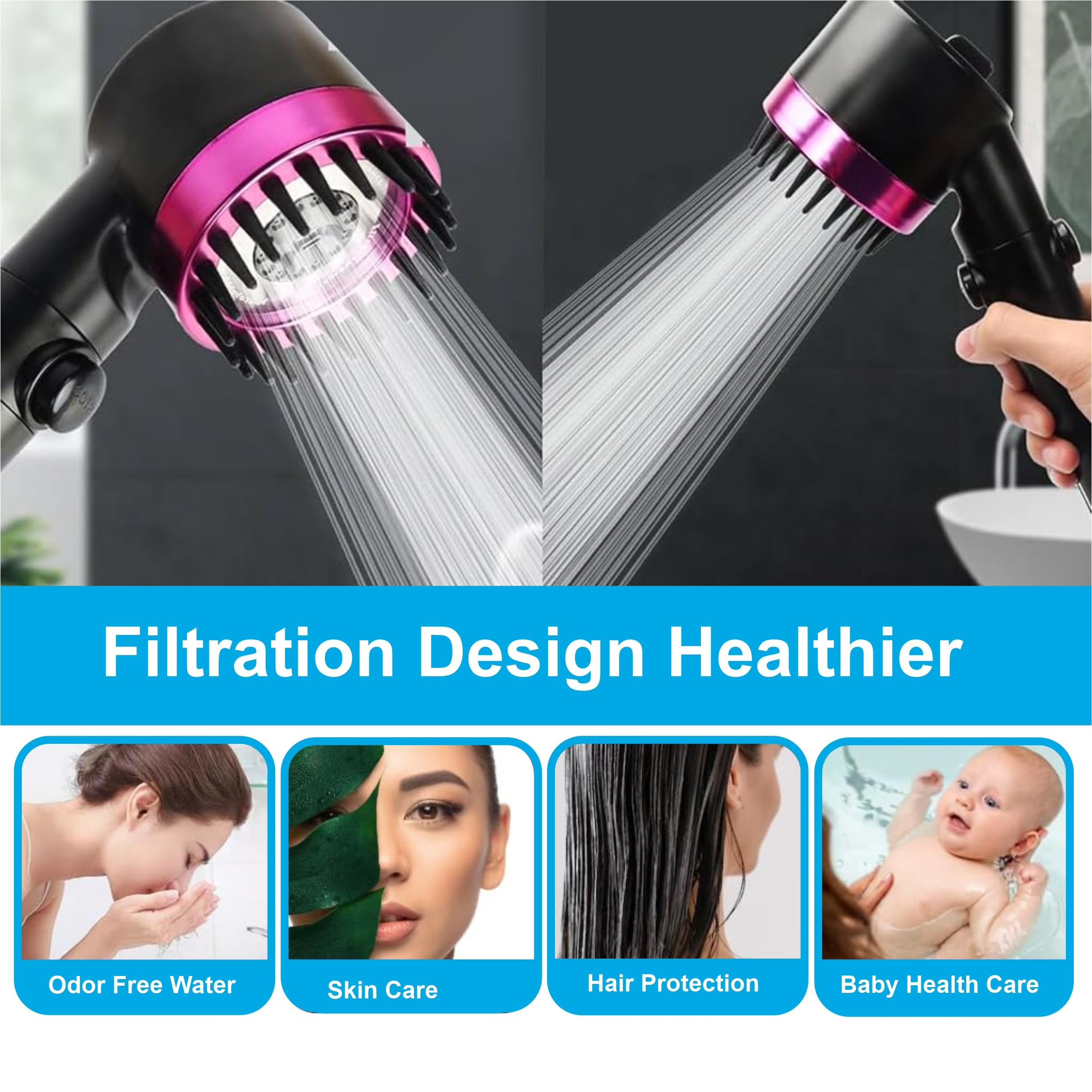 Fossa Snow Shower Head with Filter, High Pressure Shower Head Water Saving, Massage Hand Shower with 3+1 Jet Types, Rain Shower Head with Stop Function (Pink)