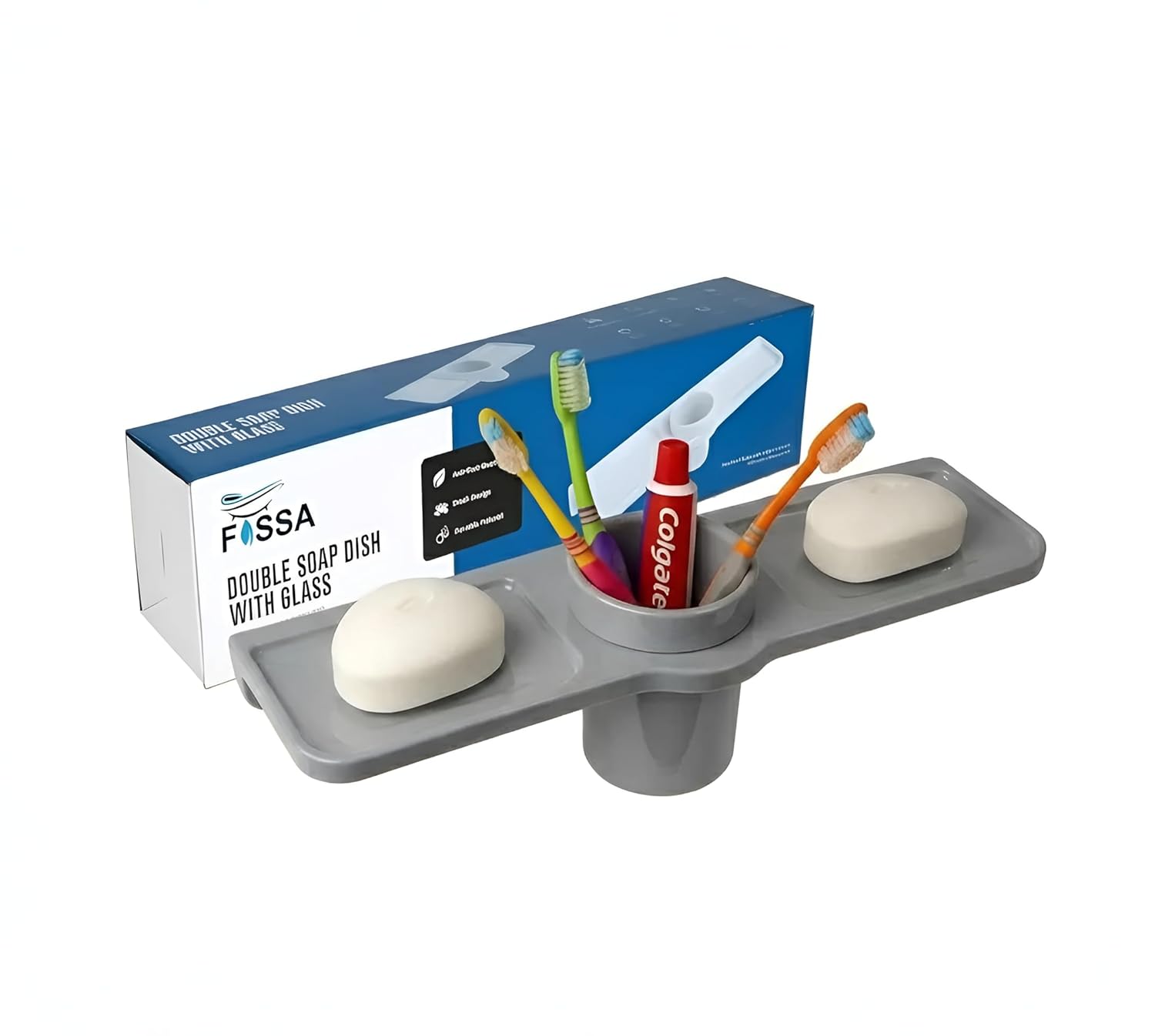 Grey Double Soap Dish with Glass Unbreakable Abs Triangular Ceramic Finish (RG-119)