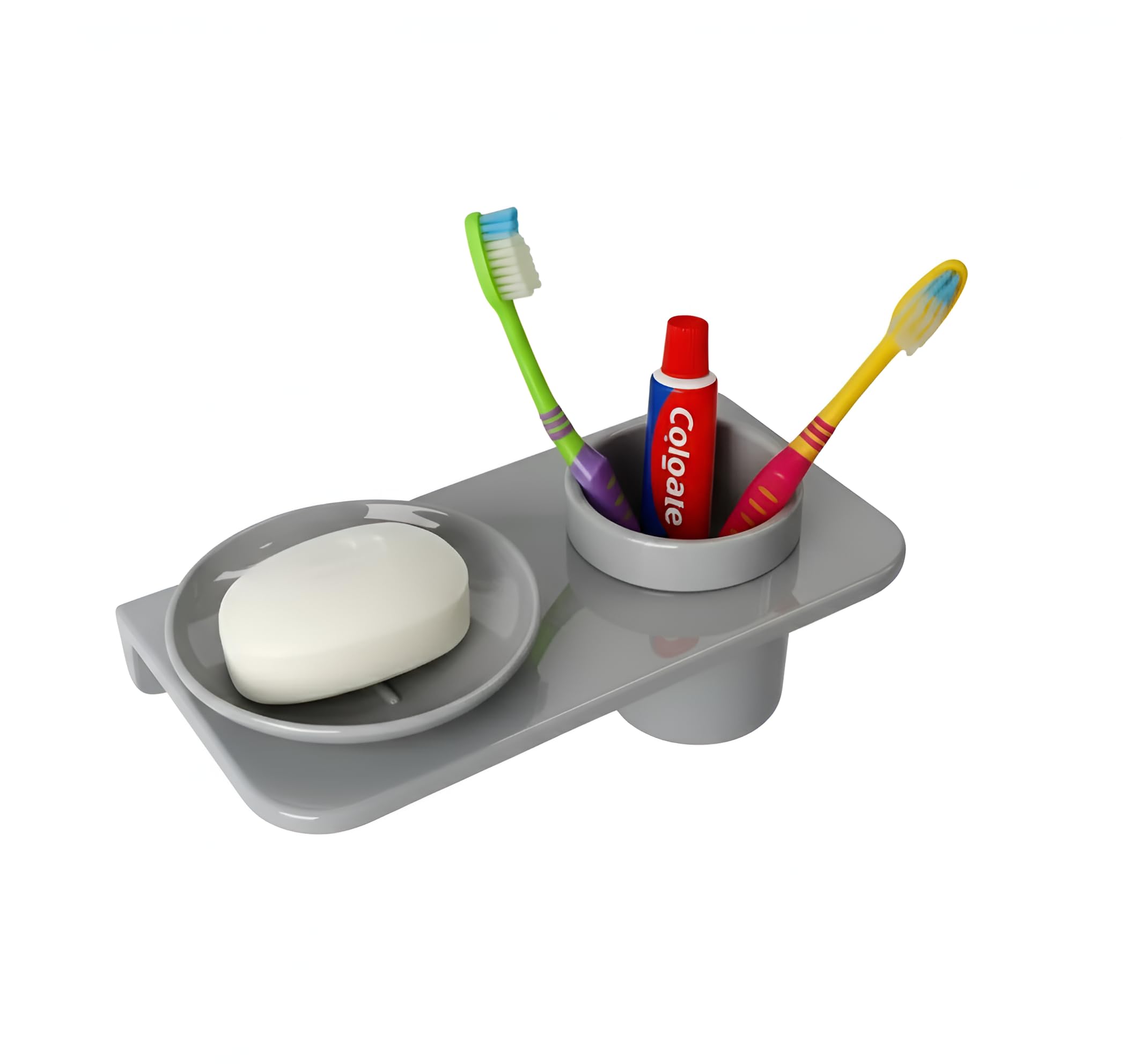 Grey Soap Dish with Toothbrush Holder Unbreakable Abs Round Ceramic Finish (RG-120)