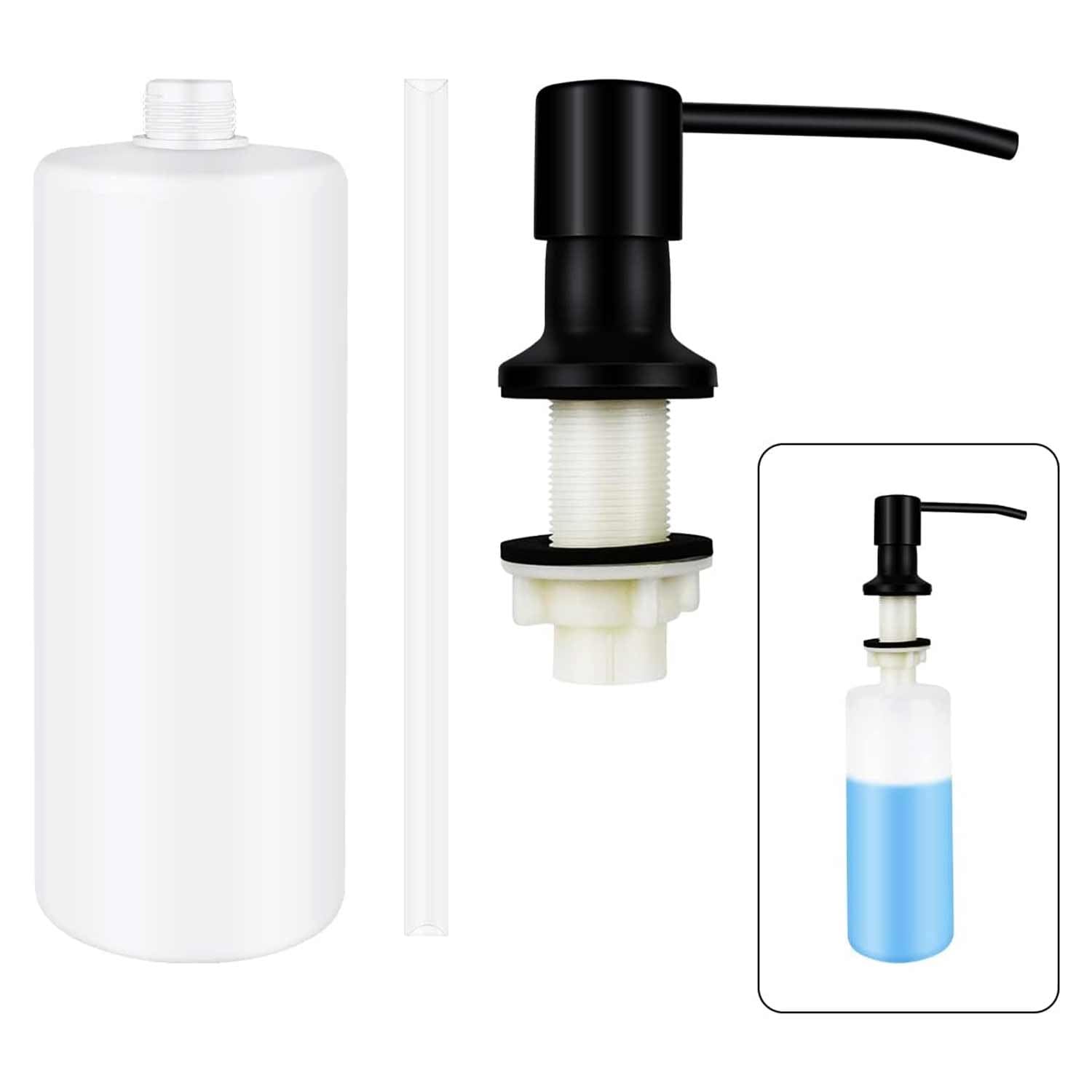 Black soap dispenser with a white bottle on a white background