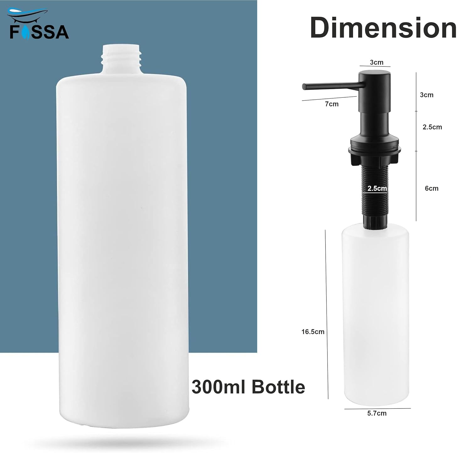 Soap Dispenser for Kitchen Sink ABS Plastic with Refillable Bottle 300ml Black - Fossa Home 