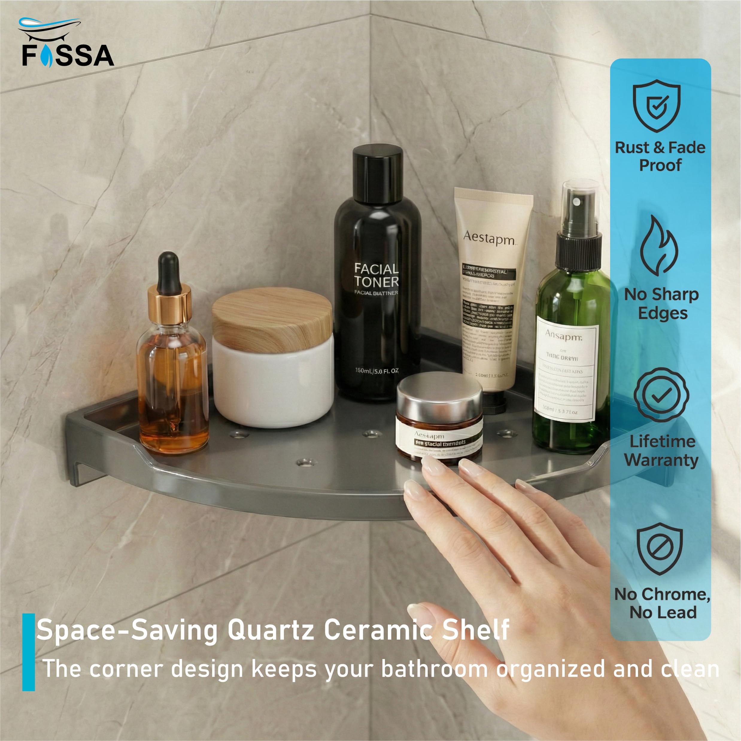 Grey 12 Inch Unbreakable ABS Corner Wall Mounted Shelf with Ceramic Finish for Bathroom, Wash Area and Kitchen 