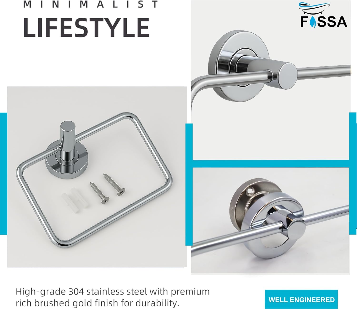 Fossa Stainless Steel Square Towel Ring for Bathroom, Napkin Holder for Wash Basin, Napkin Holder Chrome Finish (Silver)