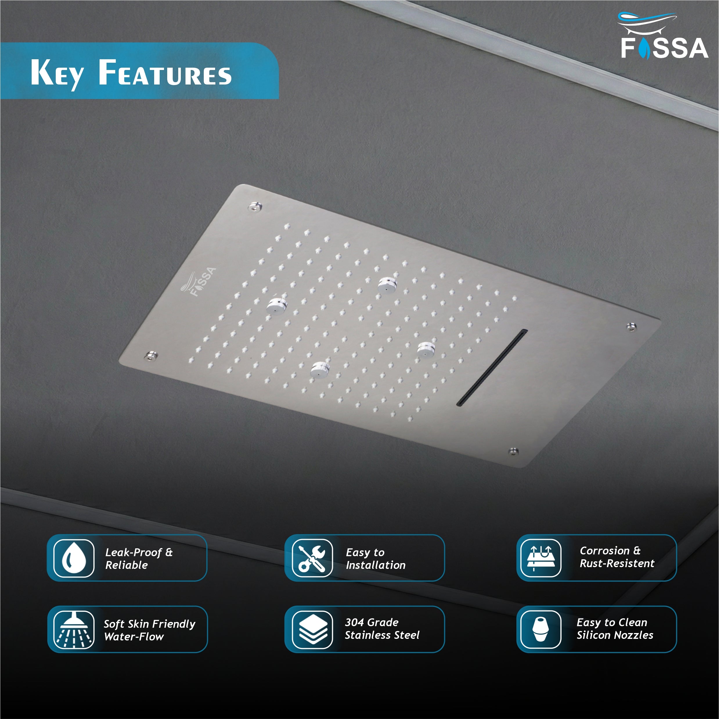 19x13 inch overhead shower with mist rain and waterfall water modeswer head with key features listed on a dark background