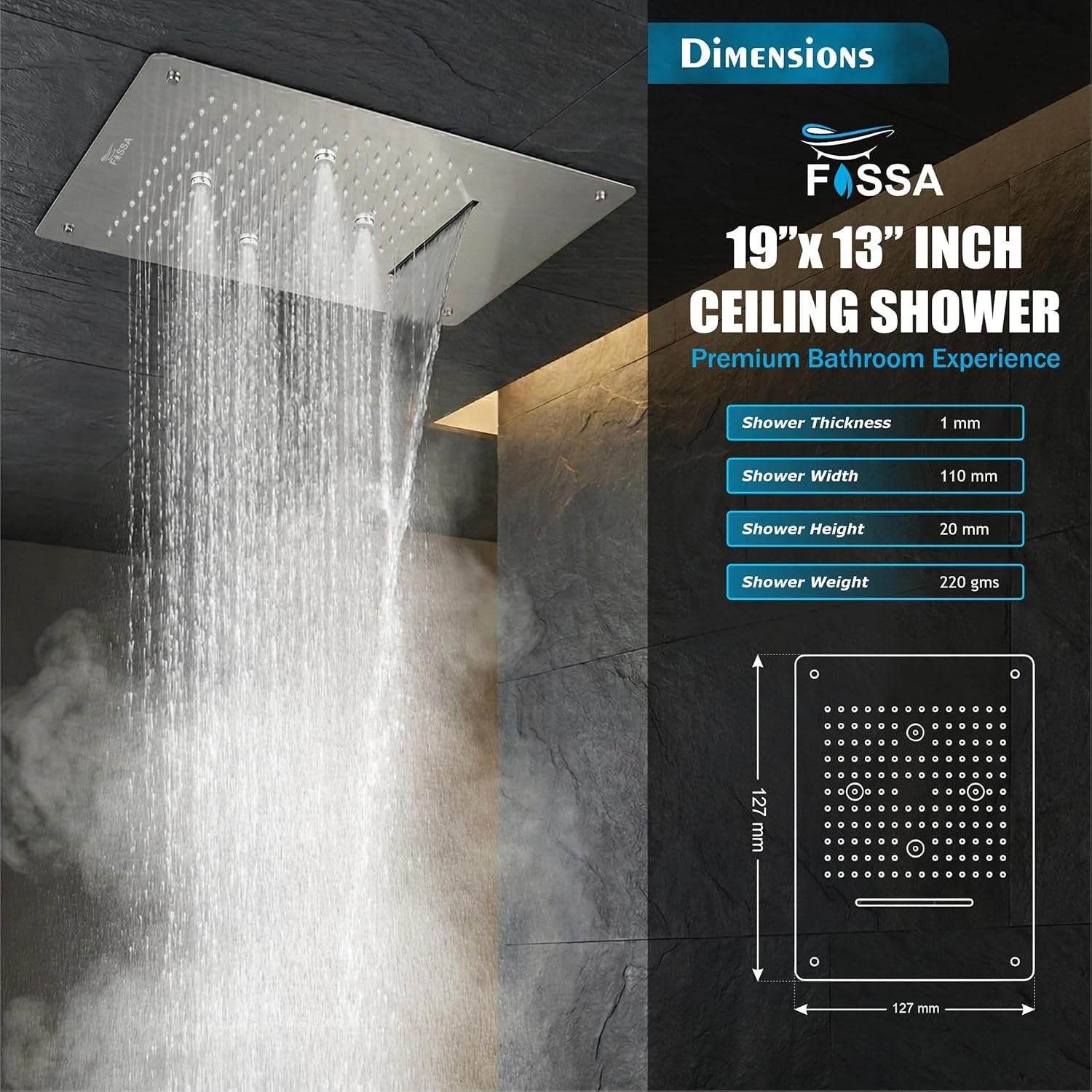 19x13 inch overhead shower with mist rain and waterfall modes for modern bathroom