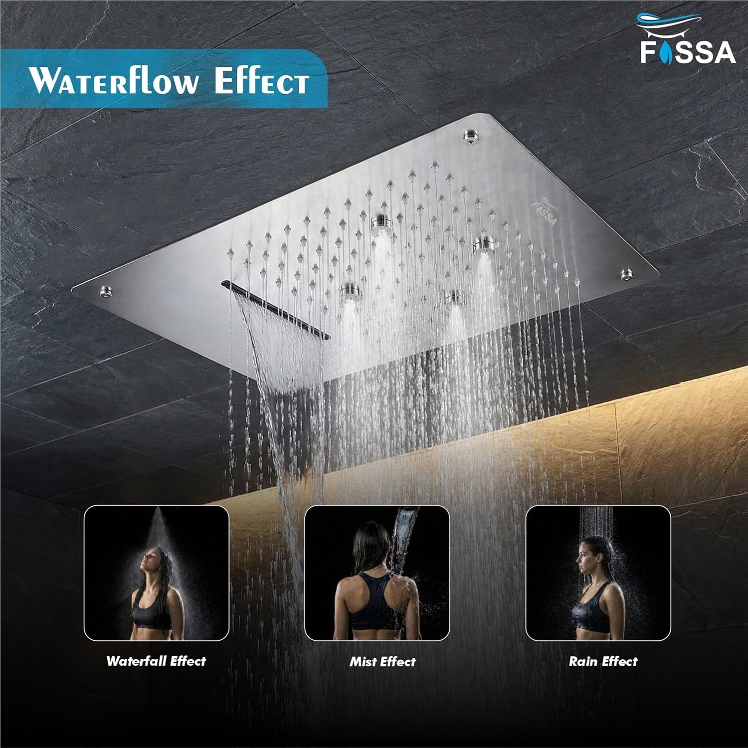 modern bathroom interior with three mode overhead shower mist rain waterfall installed