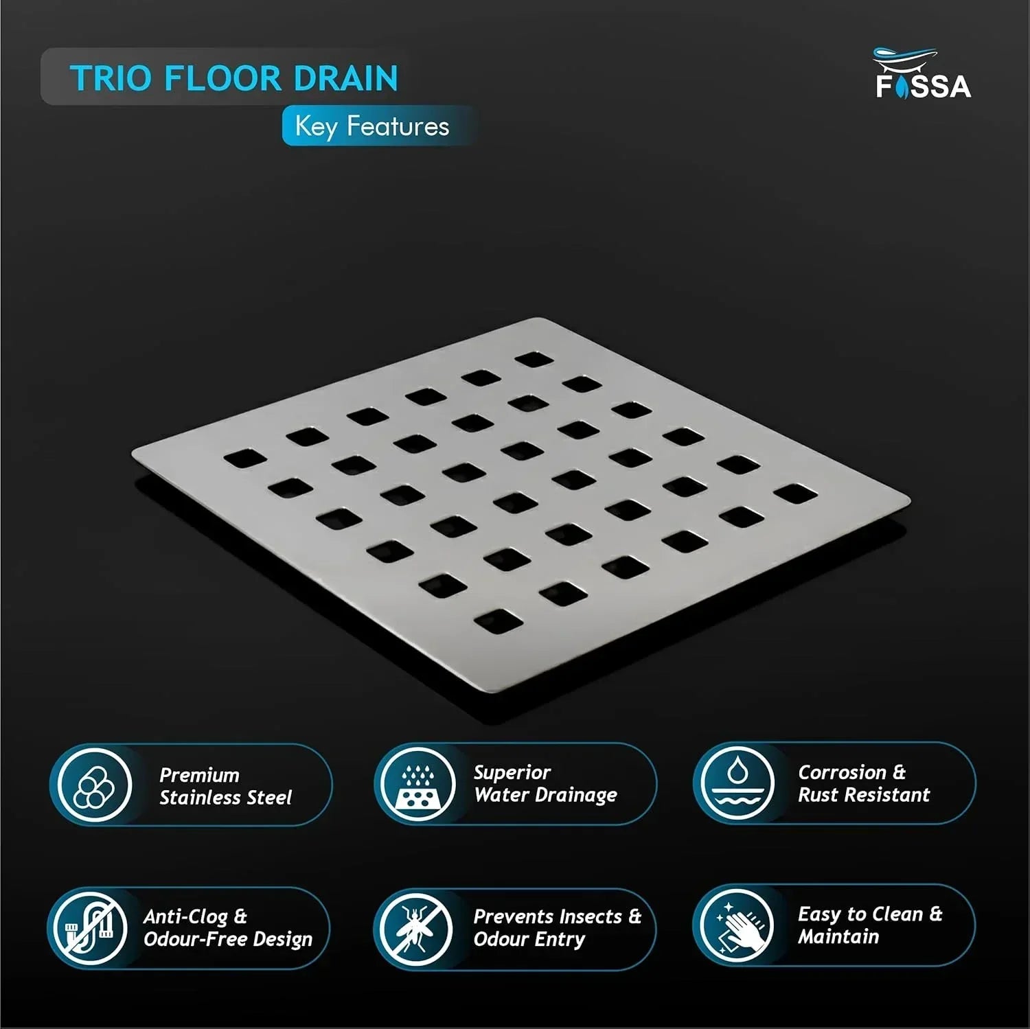 Premium stainless steel floor drain 5x5 inch for shower area