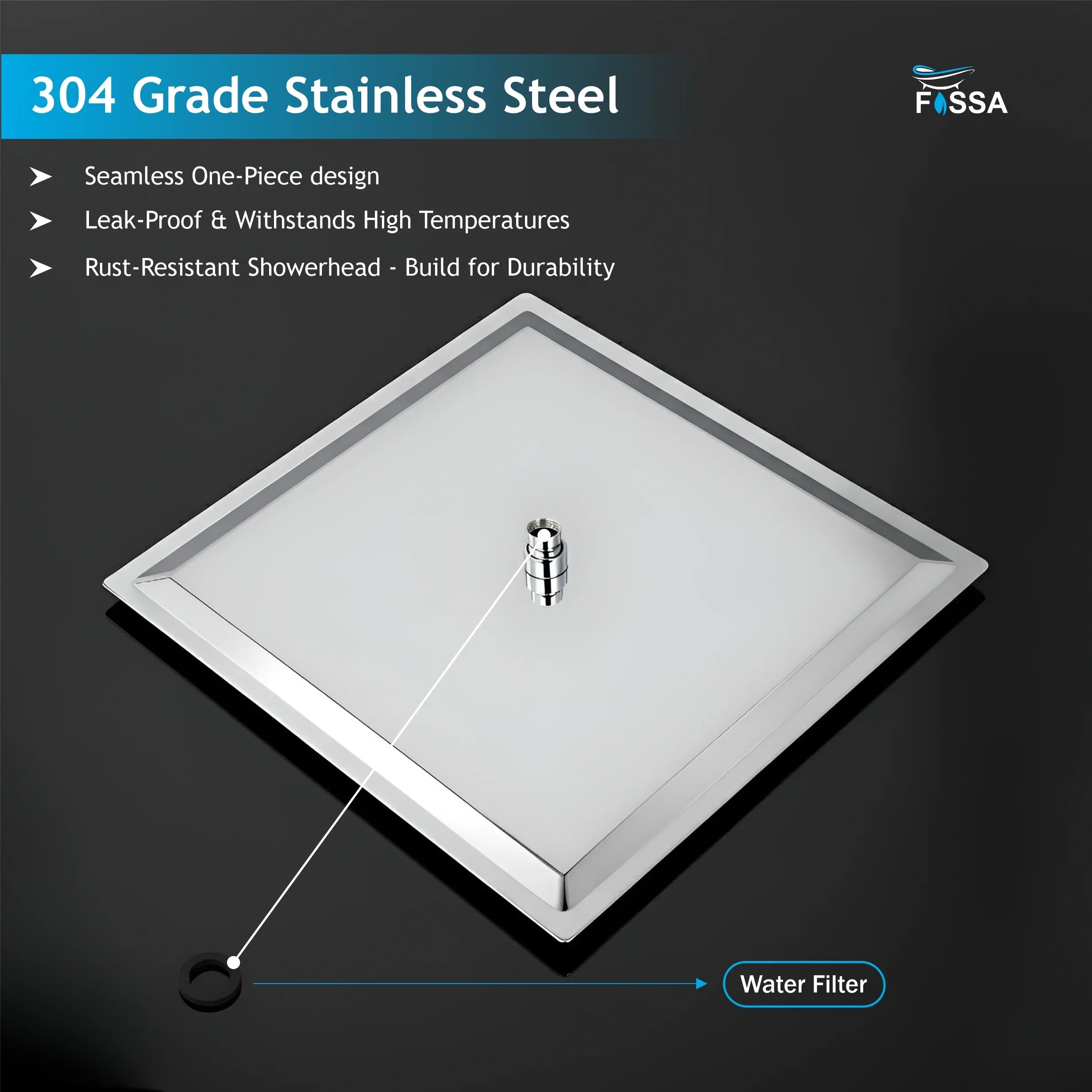 Ultra (12x12 Inches) 304- Grade Stainless Steel Chrome Finish Overhead Shower With Arm (24 Inch) - Fossa Home 