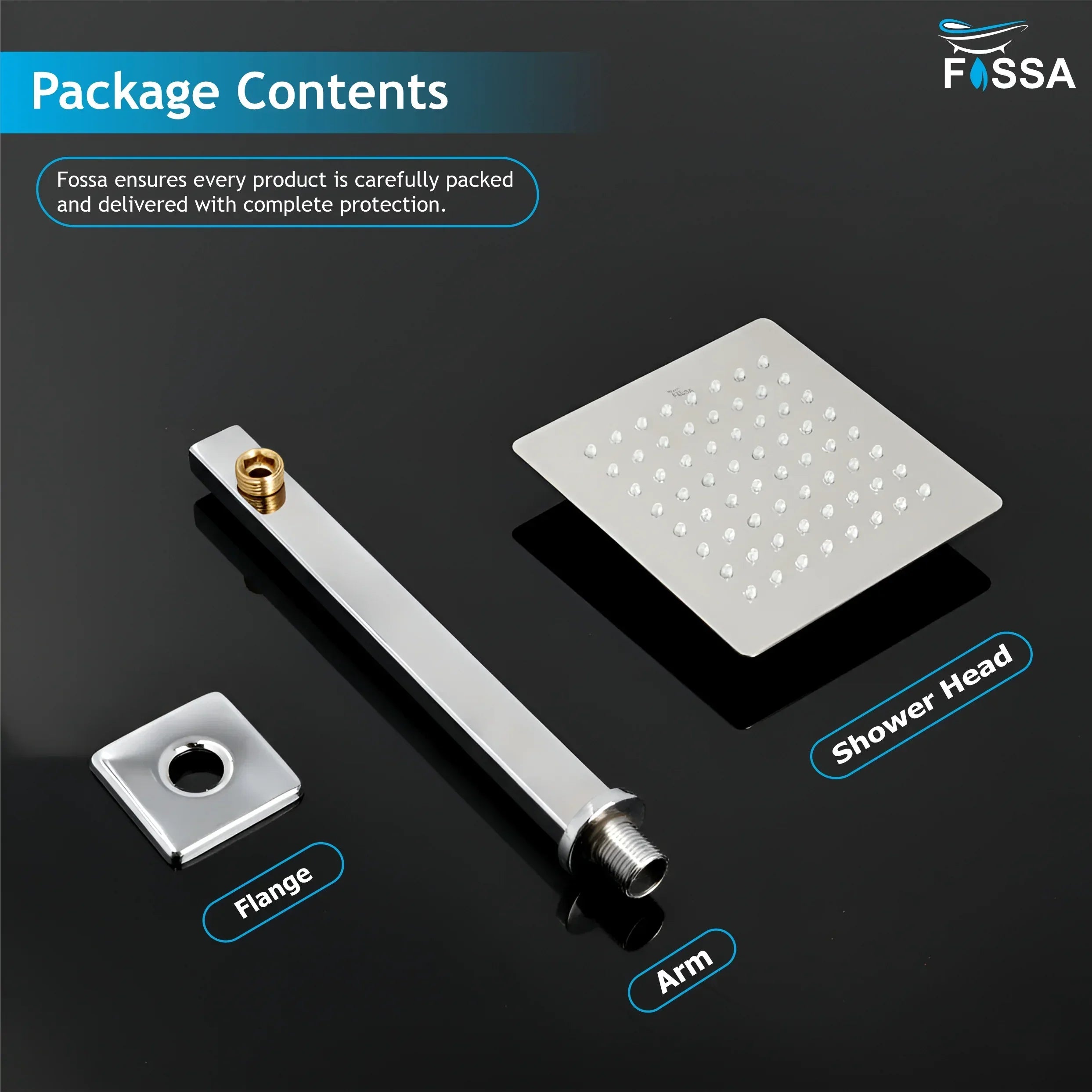 Ultra (6x6 Inches) 304- Grade Stainless Steel Chrome Finish Overhead Shower With Arm (12 Inch) - Fossa Home 