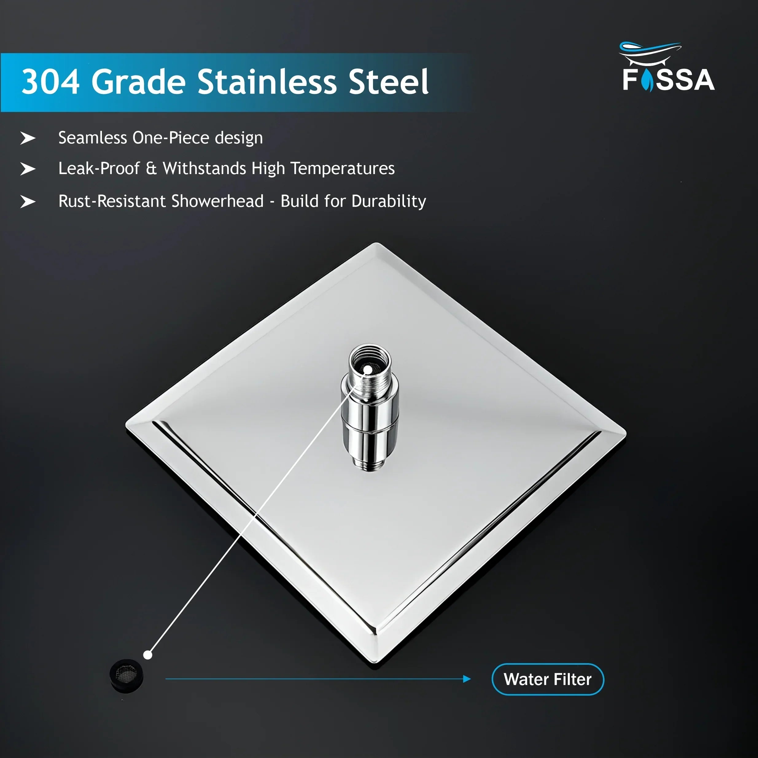 Ultra (6x6 Inches) 304- Grade Stainless Steel Chrome Finish Overhead Shower With Arm (12 Inch) - Fossa Home 