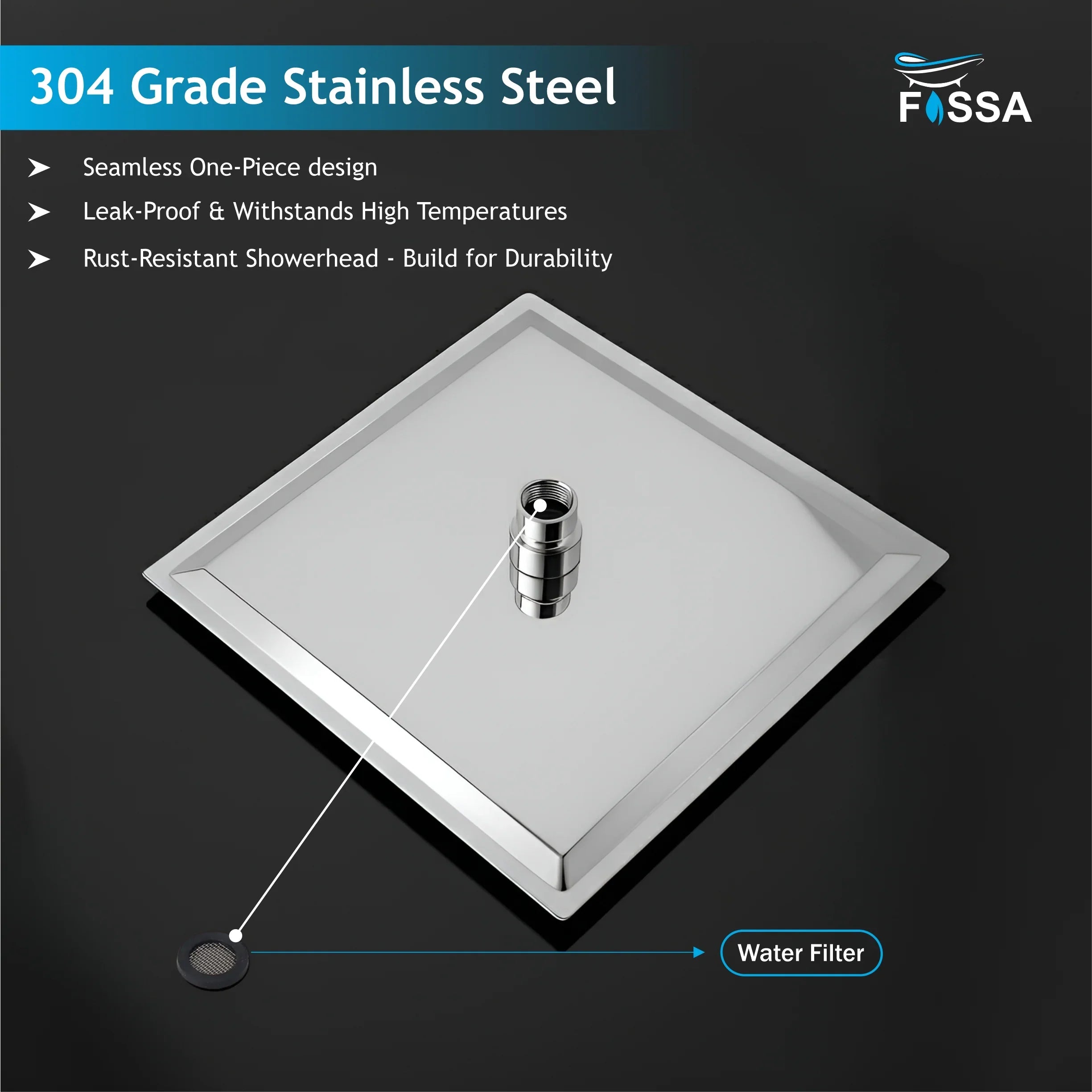 Ultra (8x8 Inches) 304- Grade Stainless Steel Chrome Finish Overhead Shower With Arm (15 Inch) - Fossa Home 