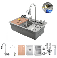 FOSSA 30"x18"x10" inch SS-304 Grade Honeycomb Handmade Single Bowl With WaterFall Kitchen Sink, Matte Finish, With Basket Silver