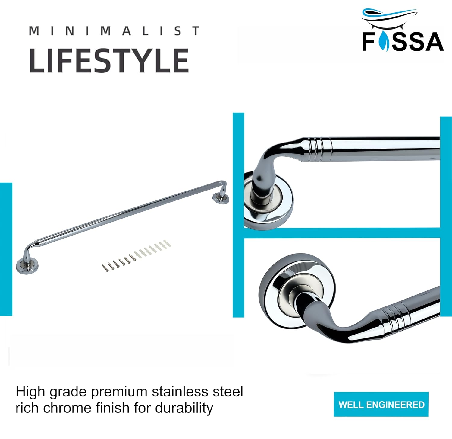 Space-saving wall mounted towel rod keeps towels organized and easy to access.