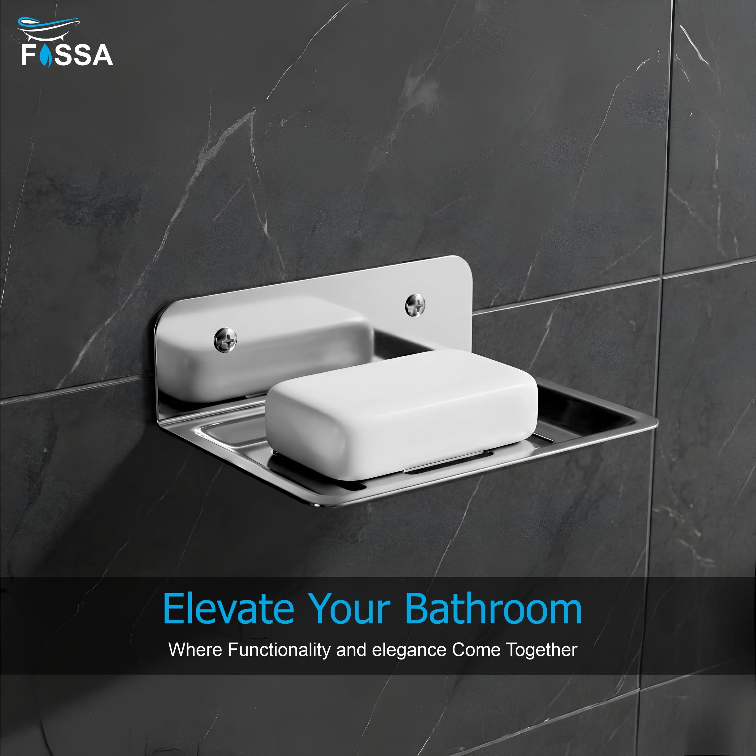Wall-mounted soap dish with a bar of soap on a dark tiled wall, featuring the FOSSA brand.