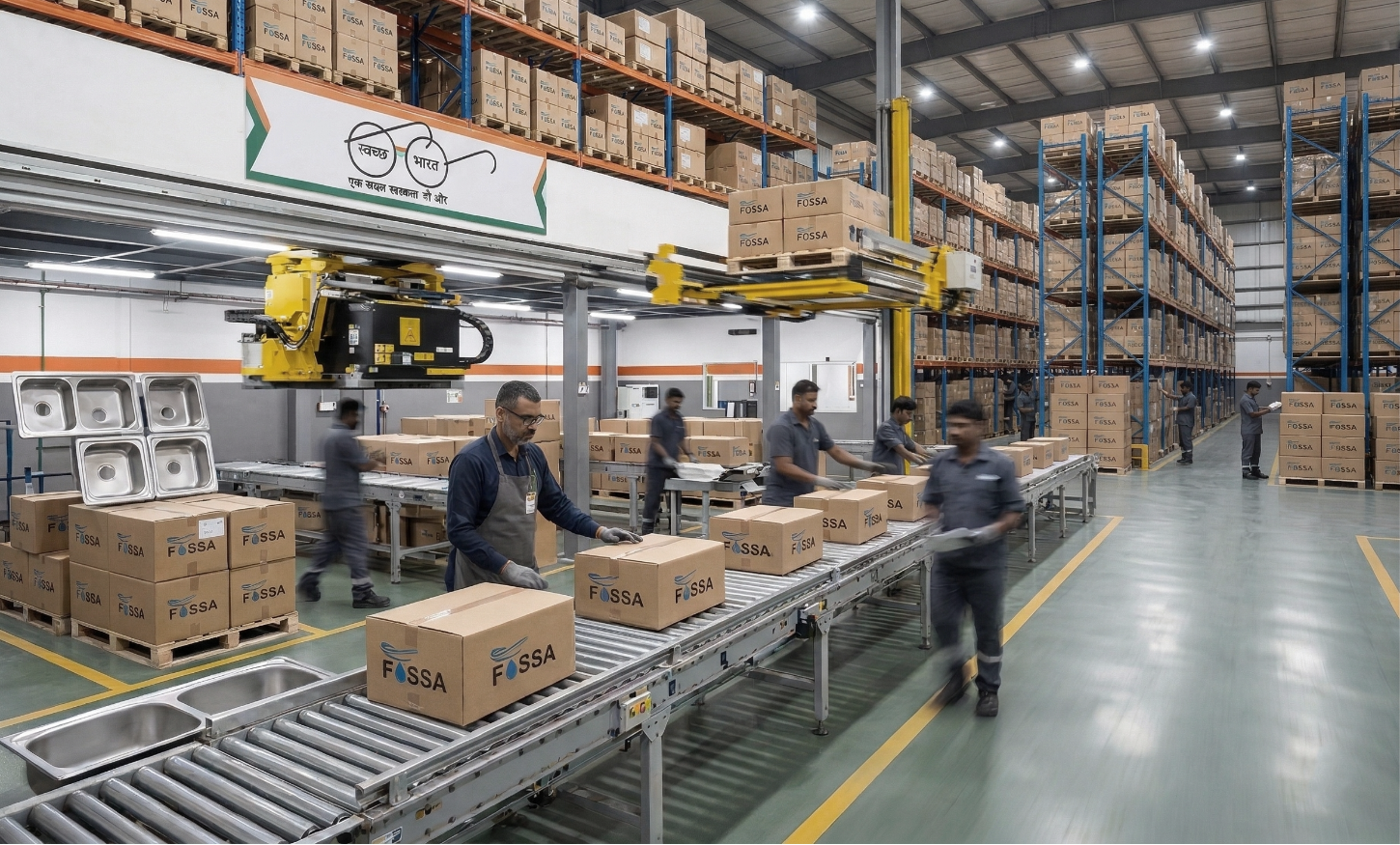 Warehouse interior with workers and conveyor belts handling boxes.