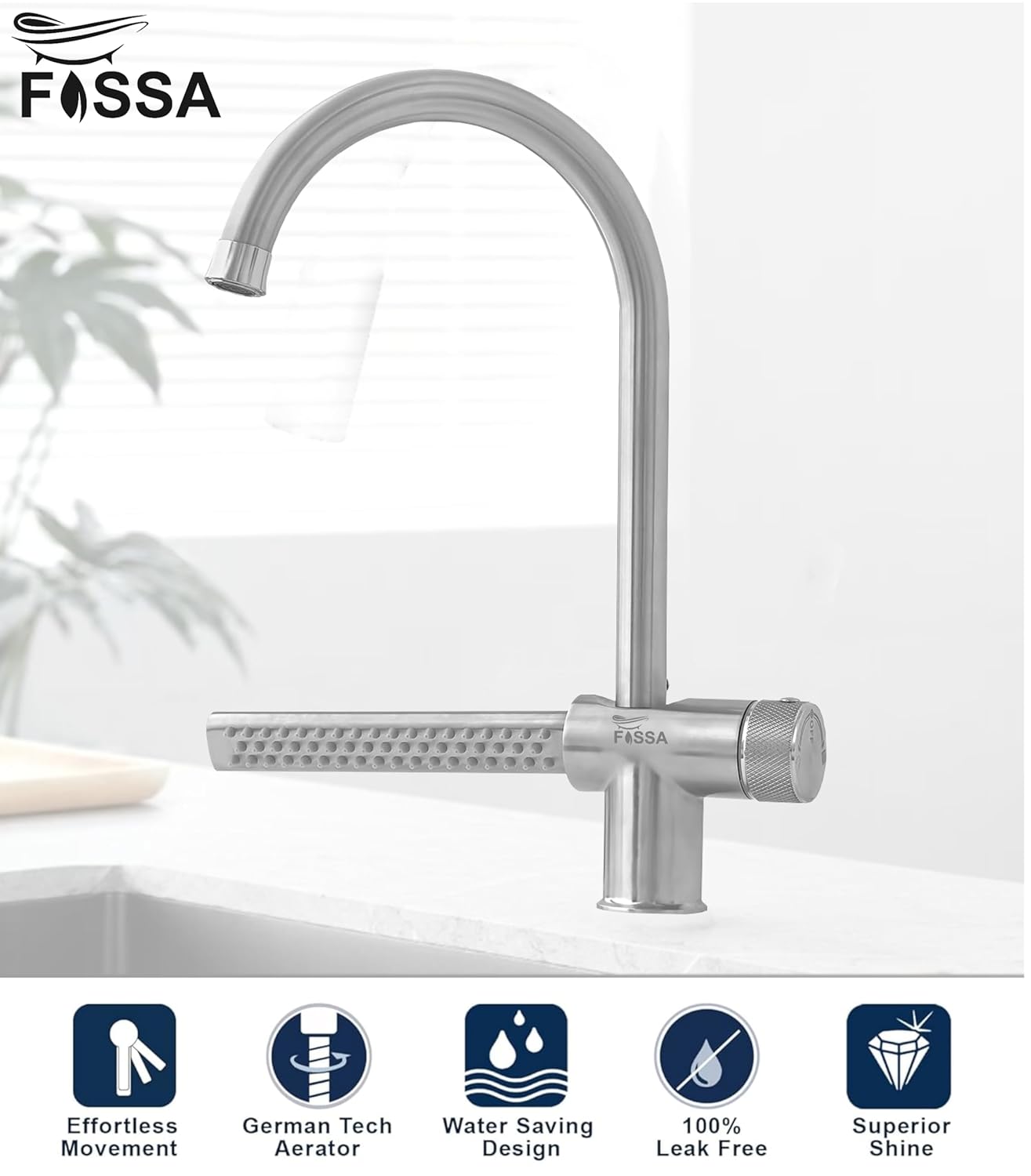 Waterfall Dual-Flow 360° Hot & Cold Stainless Steel Kitchen Mixer Faucet Silver - Fossa Home 