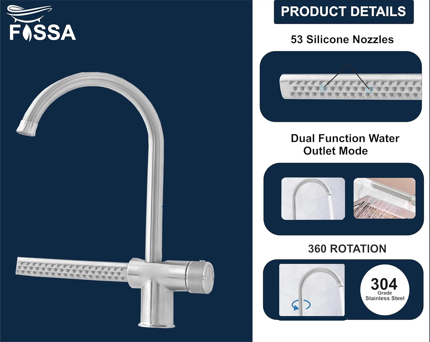 Waterfall Dual-Flow 360° Hot & Cold Stainless Steel Kitchen Mixer Faucet Silver - Fossa Home 