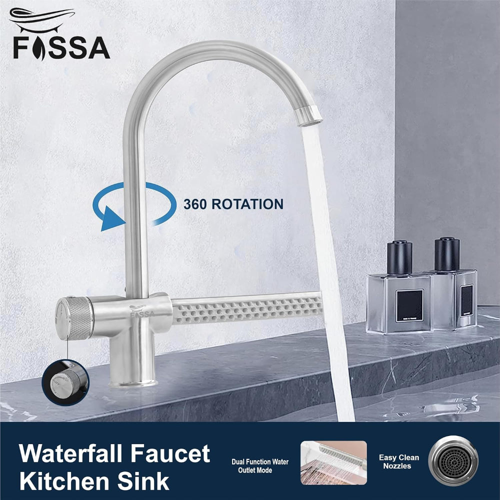 Waterfall Dual-Flow 360° Hot & Cold Stainless Steel Kitchen Mixer Faucet Silver - Fossa Home 