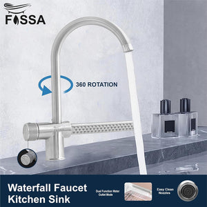 Waterfall Dual-Flow 360° Hot & Cold Stainless Steel Kitchen Mixer Faucet Silver - Fossa Home 