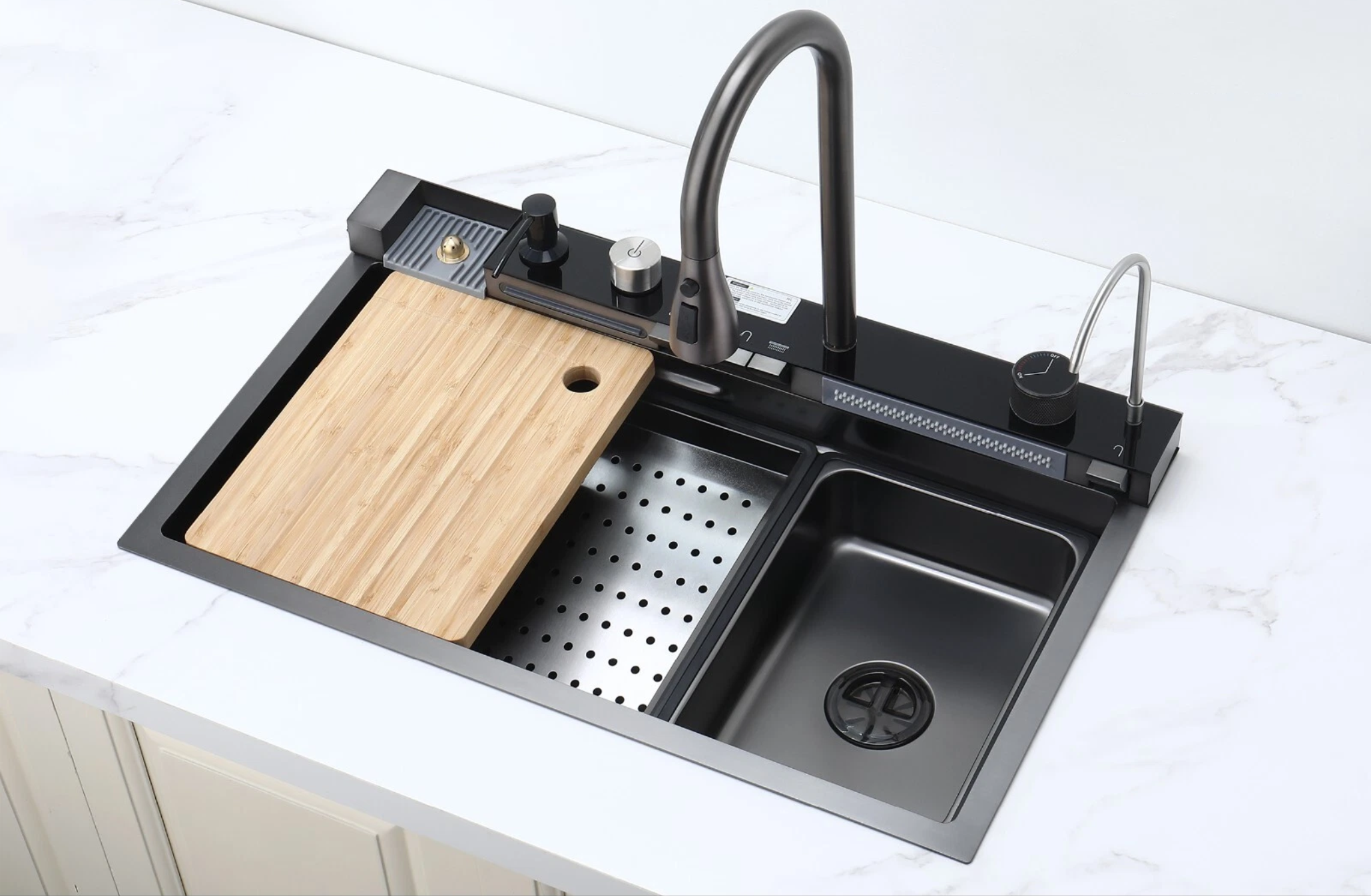 Waterfall piano kitchen sink with integrated faucet and modern design