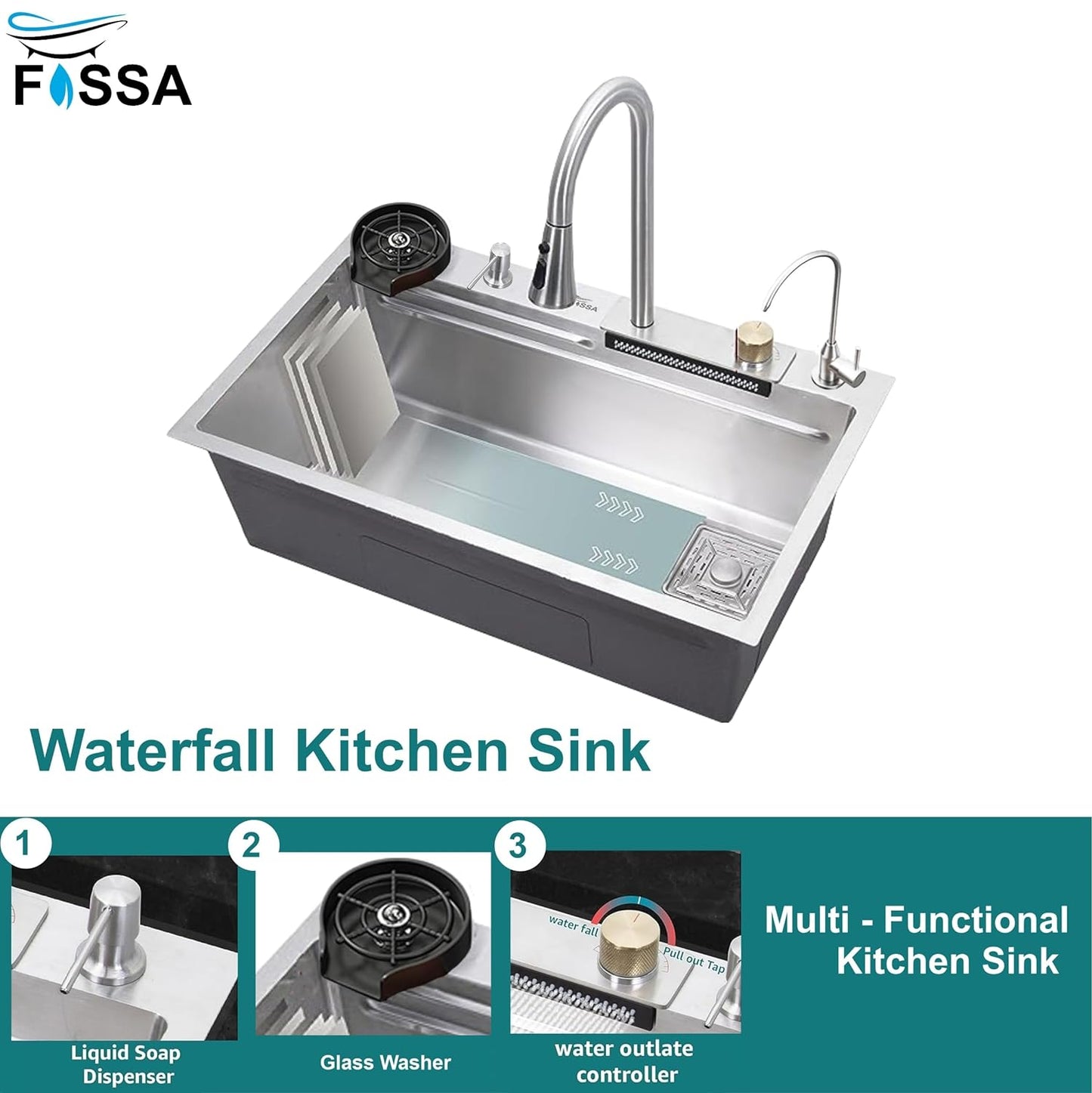Waterfall kitchen sink silver 