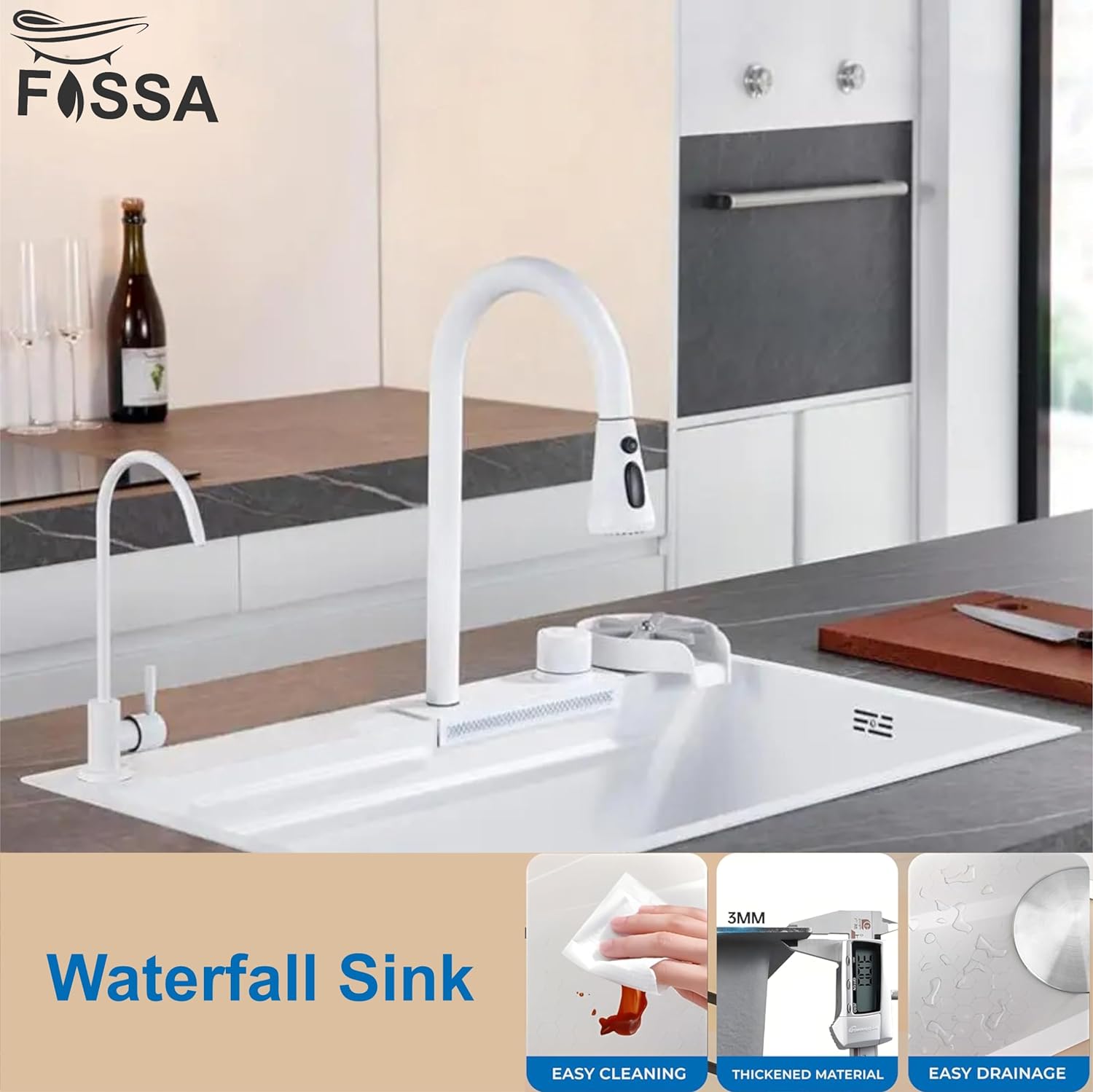 Waterfall kitchen sink white 