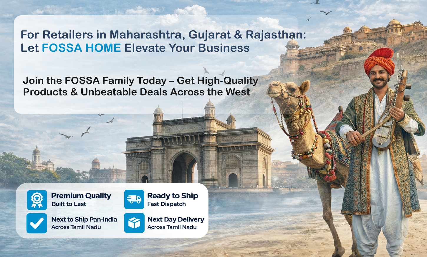 Advertisement for FOSSA with a man and camel in front of a historical building, promoting business opportunities in Maharashtra, Gujarat, and Rajasthan.