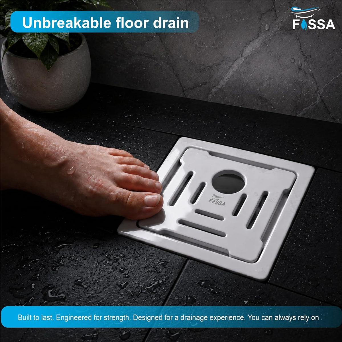ront view of the Areas 6x6 Inch Ceramic Floor Drain featuring a premium melamine finish