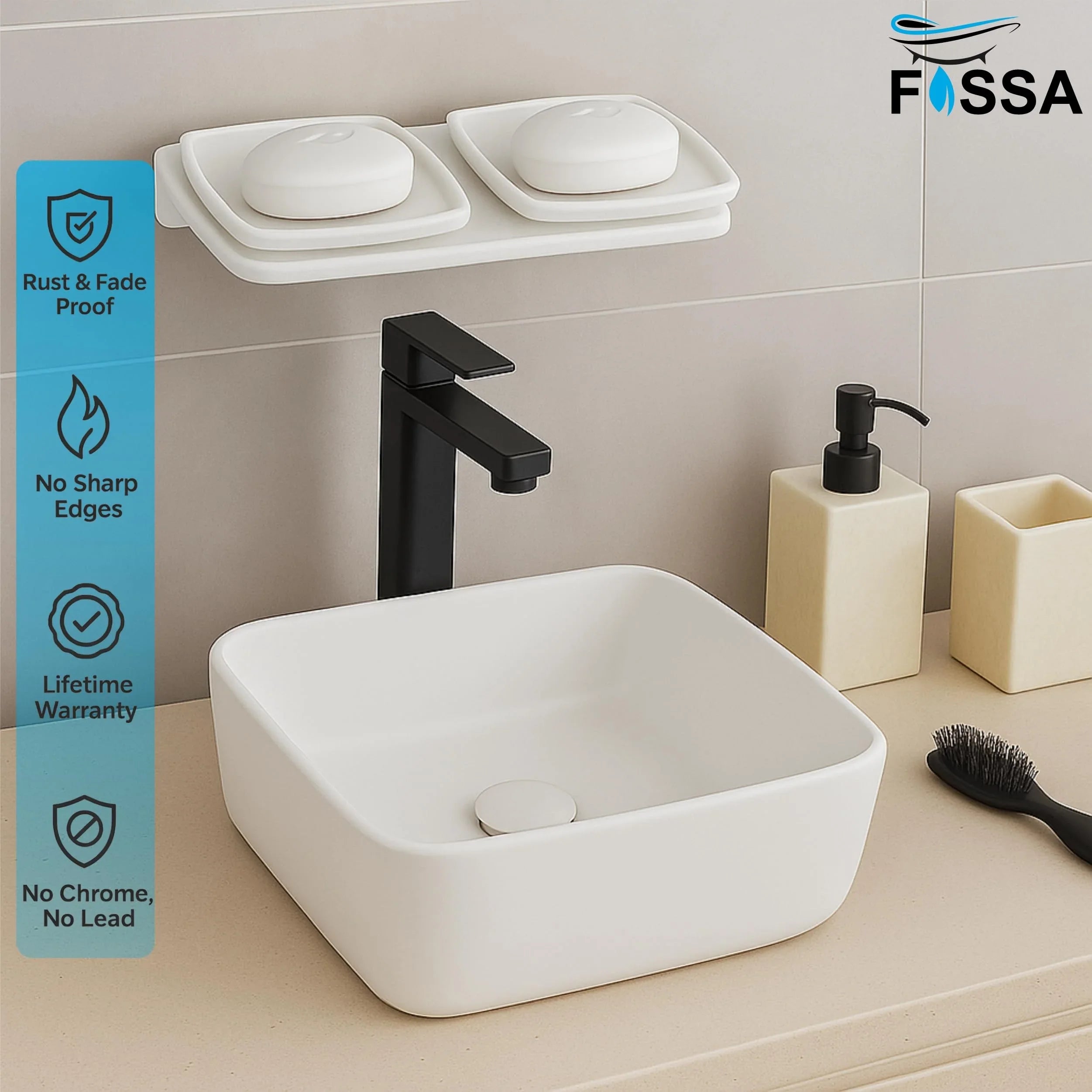 white rectangular double soap holder, ABS unbreakable, ceramic finish design