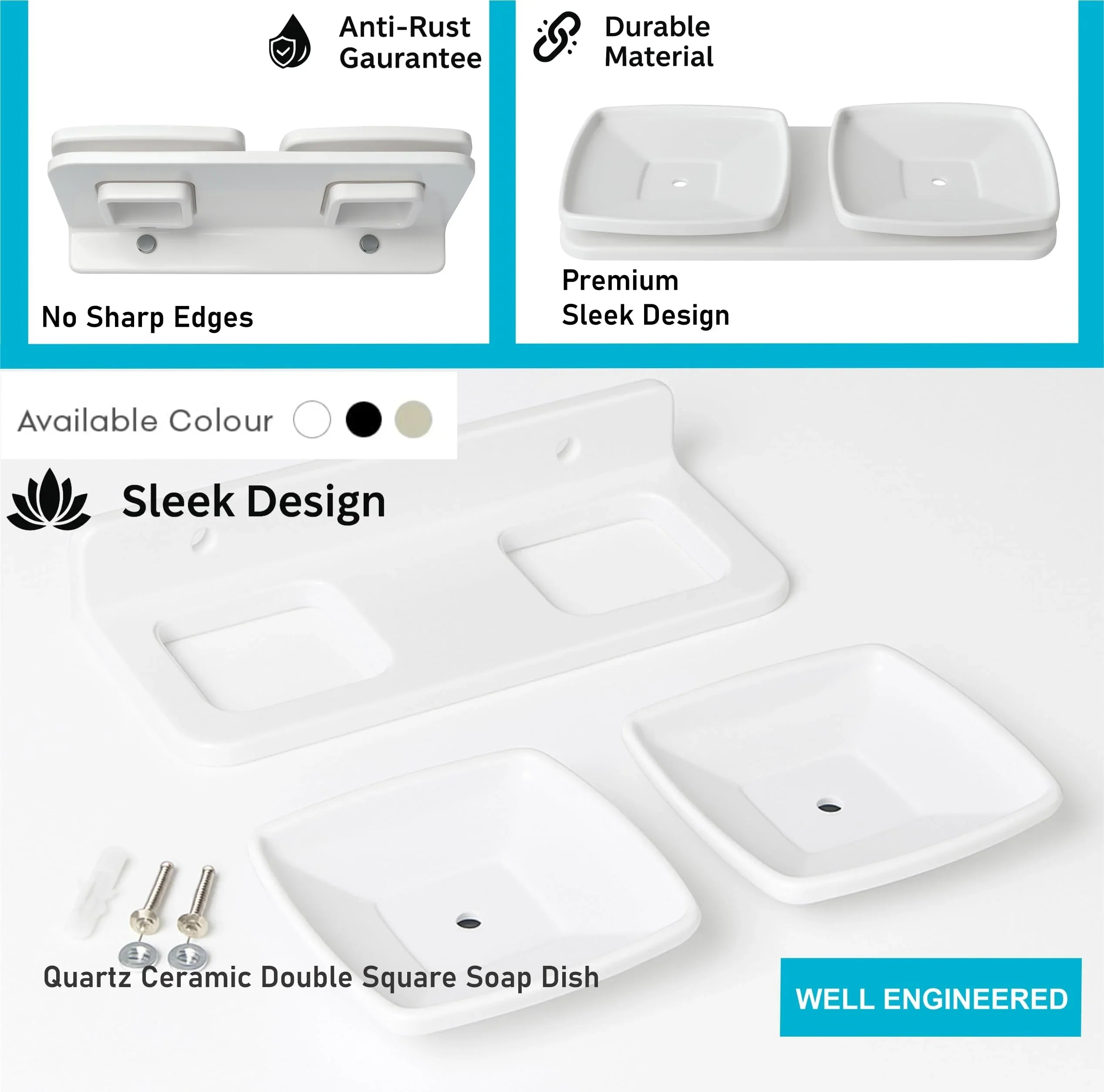 bathroom double soap dish white abs material with rectangular ceramic finish