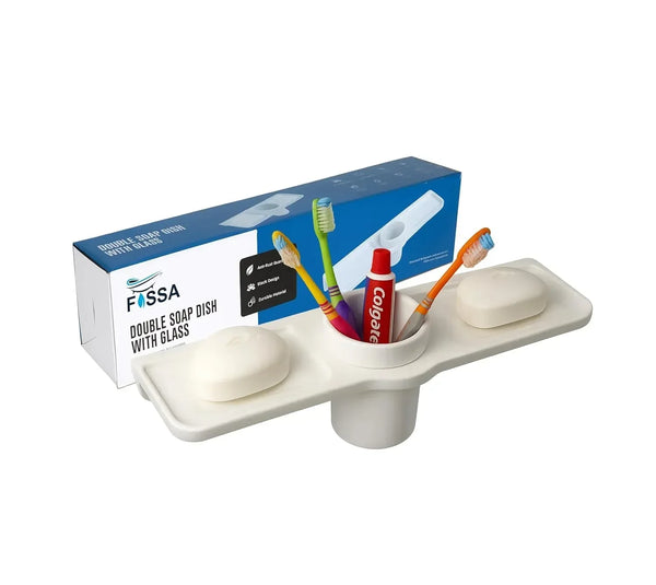 White Double Soap Dish with Glass Unbreakable Abs Triangular Ceramic Finish (RW-119) - Fossa Home 