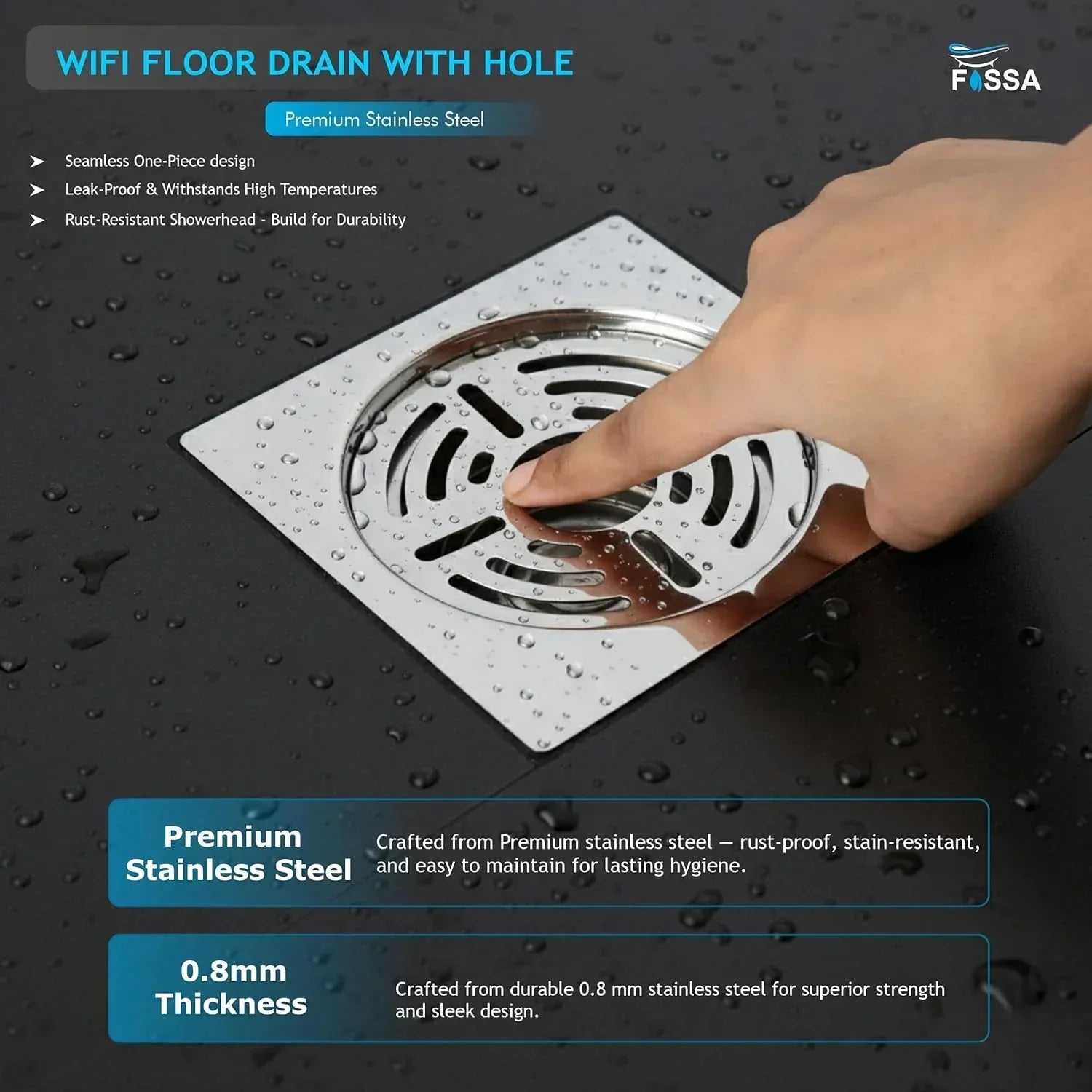 Wifi Floor Drain (5 x 5 Inches) Premium Stainlees Steel With Hole - Fossa Home 