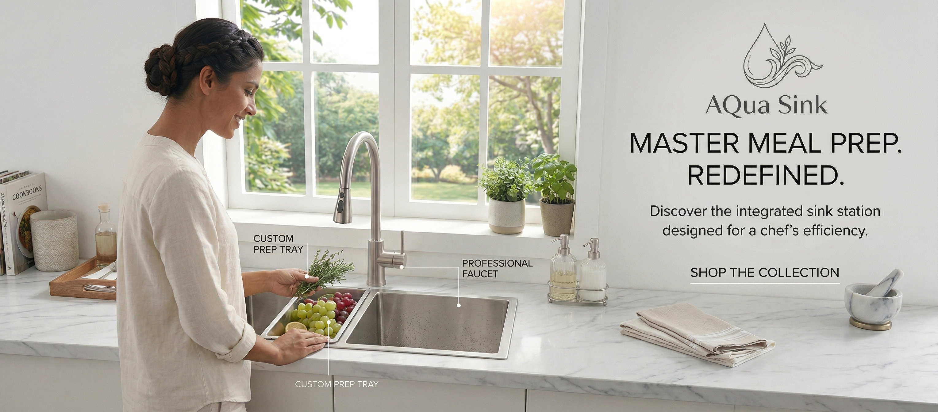Woman preparing food in a modern kitchen with Aqua Sink branding.