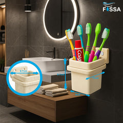 Fossa Classy Quartz Ceramic Brush Holder – Wall Mounted Round Brush Stand for Bathroom | Standing Toothbrush Holder, Scratch-Resistant | Ivory (Glossy Finish) - Fossa Home 