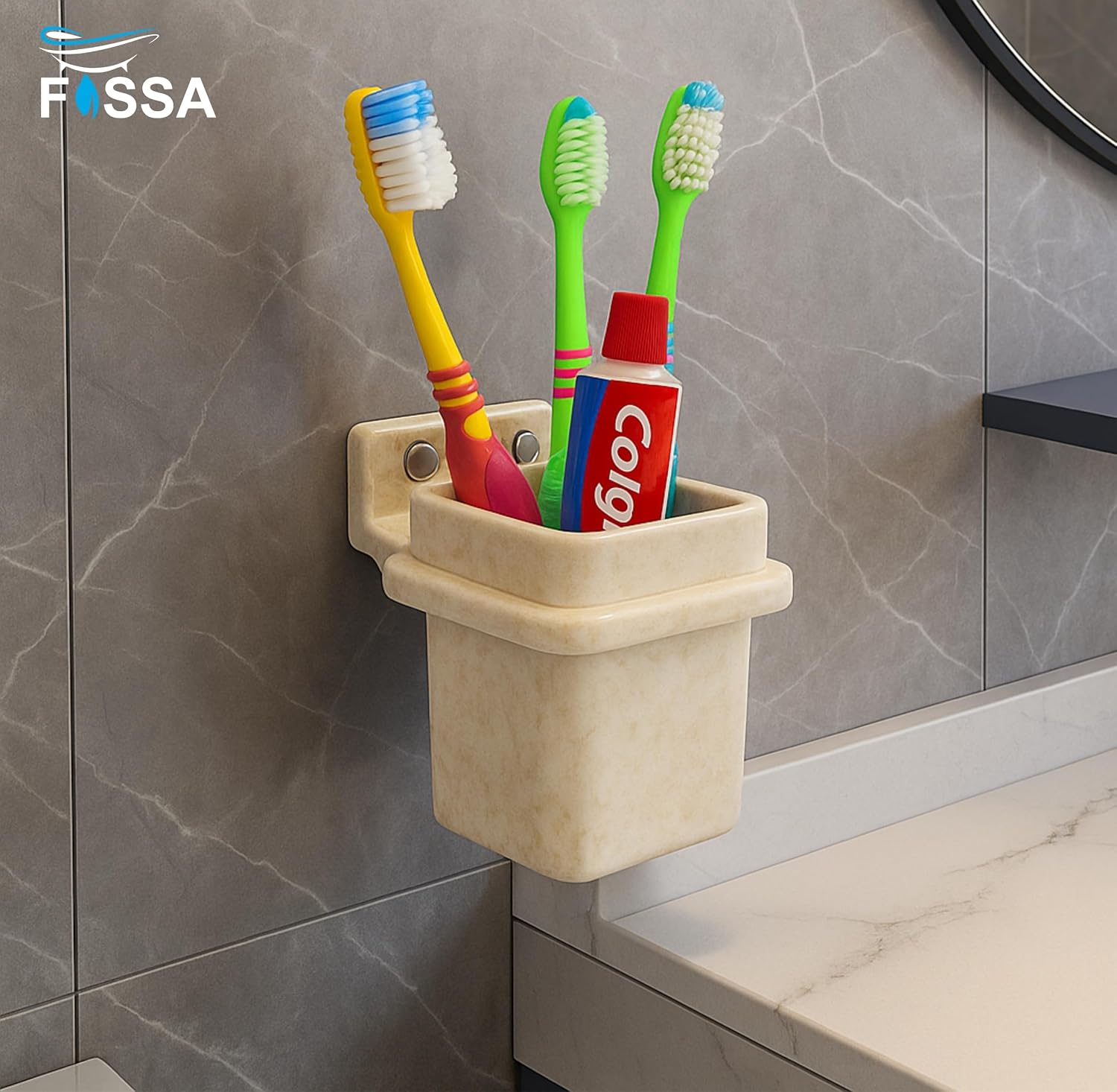 Fossa Classy Quartz Ceramic Brush Holder – Wall Mounted Round Brush Stand for Bathroom | Standing Toothbrush Holder, Scratch-Resistant | Ivory (Glossy Finish) - Fossa Home 