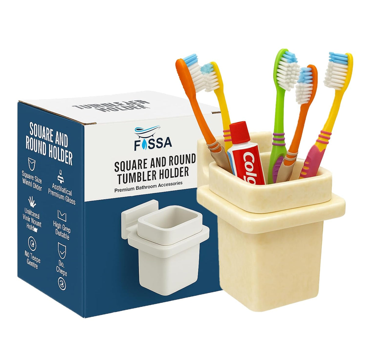 Fossa Classy Quartz Ceramic Brush Holder – Wall Mounted Round Brush Stand for Bathroom | Standing Toothbrush Holder, Scratch-Resistant | Ivory (Glossy Finish) - Fossa Home 